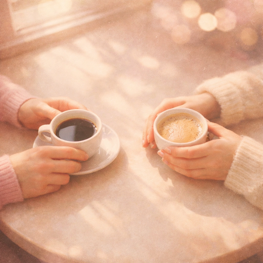 Two people connecting over coffee during a vulnerable dating conversation