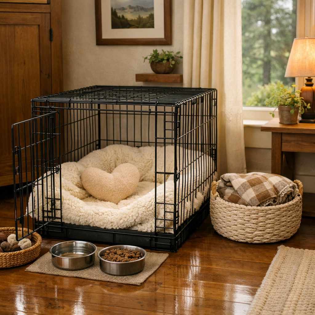 A calm puppy rest zone with a comfortable crate and soft toy to help Golden Retriever puppies settle and sleep.