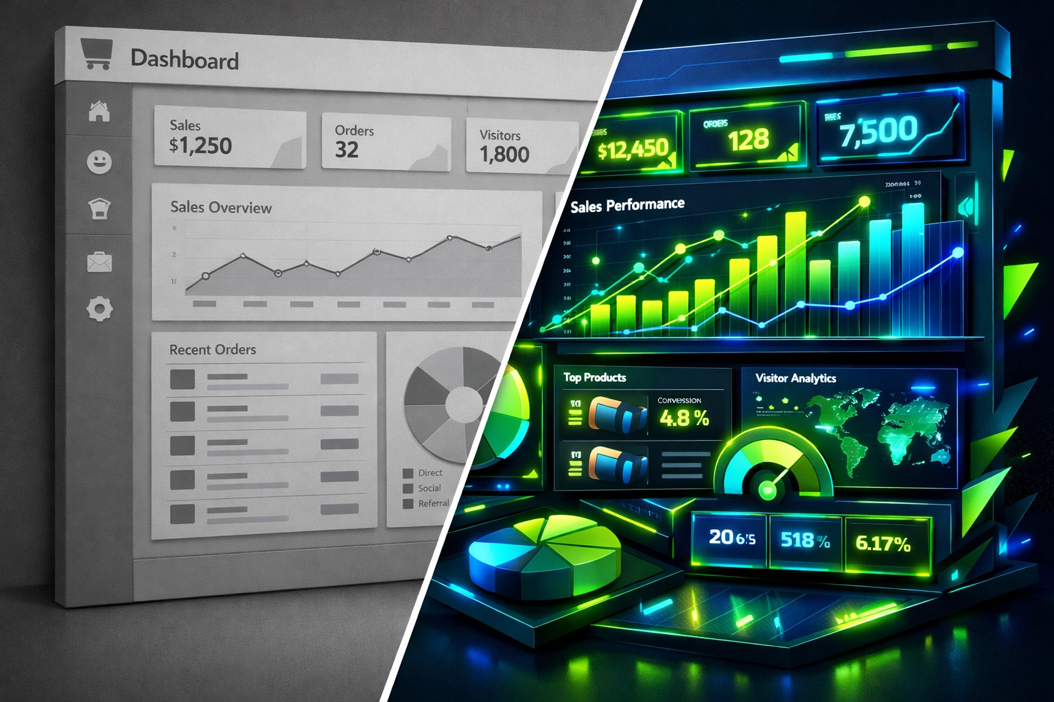 Custom ecommerce dashboard versus template platform comparison showing advanced features
