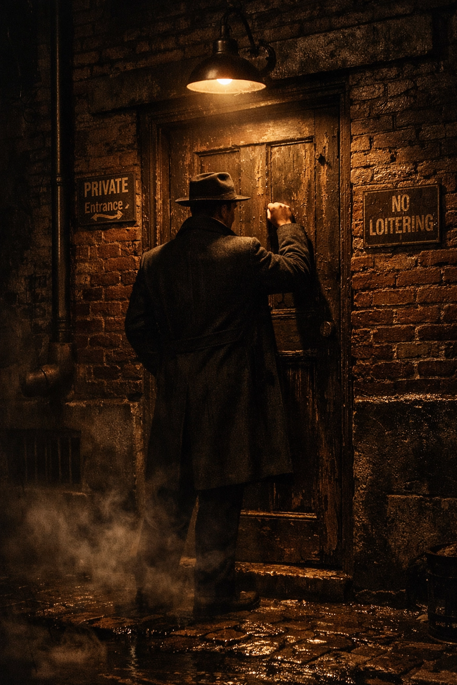 Man delivering secret knock at Greenwich Village gay speakeasy entrance in 1920s New York