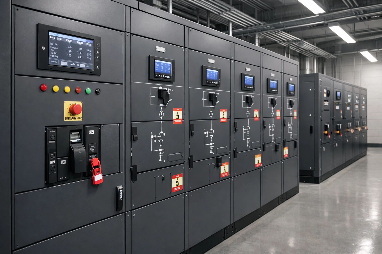 Modern data center electrical room switchgear and power distribution panels meeting 2026 NEC safety standards.