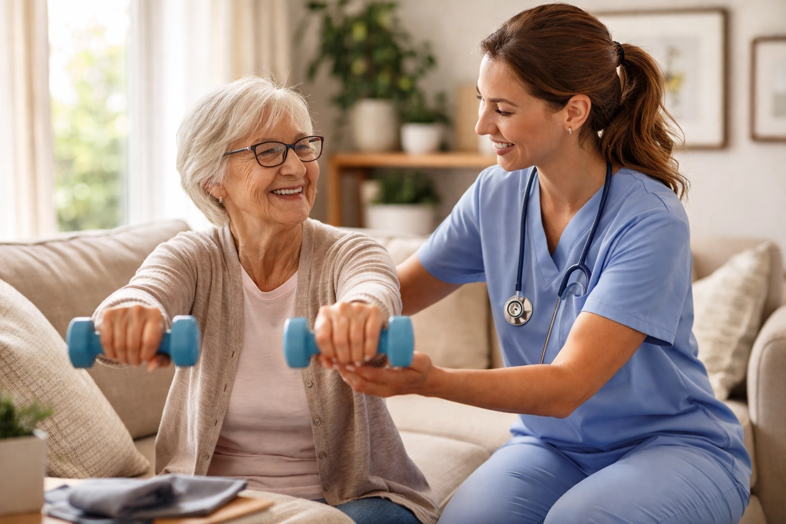 An occupational therapist assists an elderly patient with in-home exercises, demonstrating improved outcomes through home health visits.