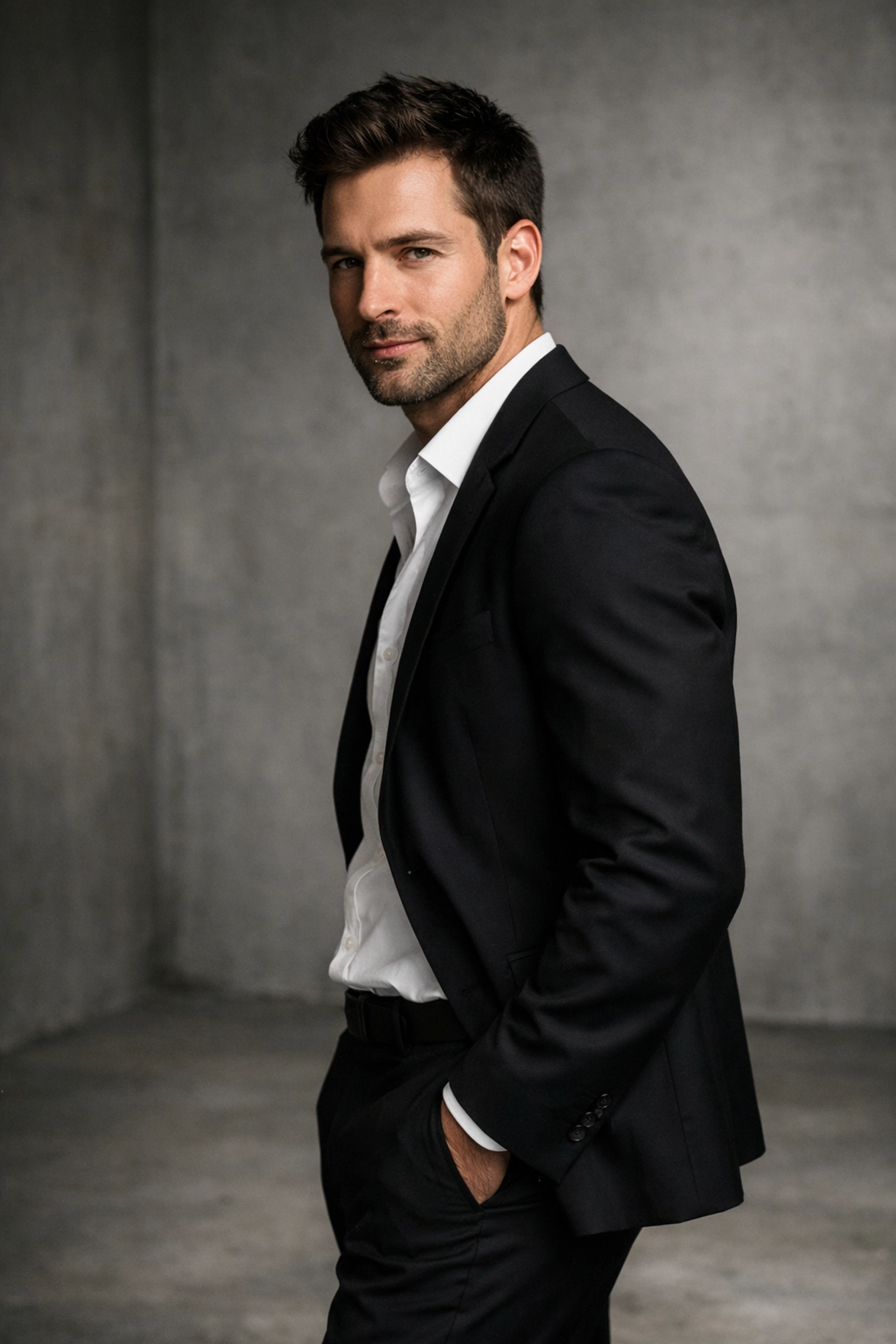 A man demonstrates expert portrait photography posing at a forty-five degree angle in a minimalist studio.