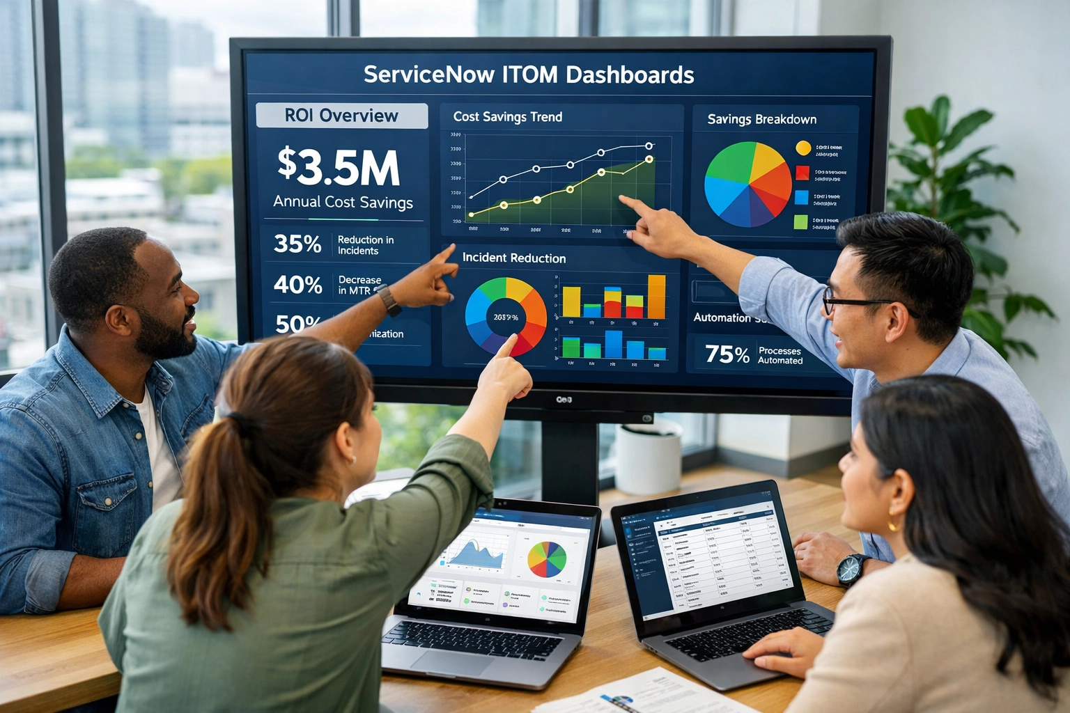 IT consulting team analyzing ServiceNow ITOM dashboards with ROI metrics and cost-saving data