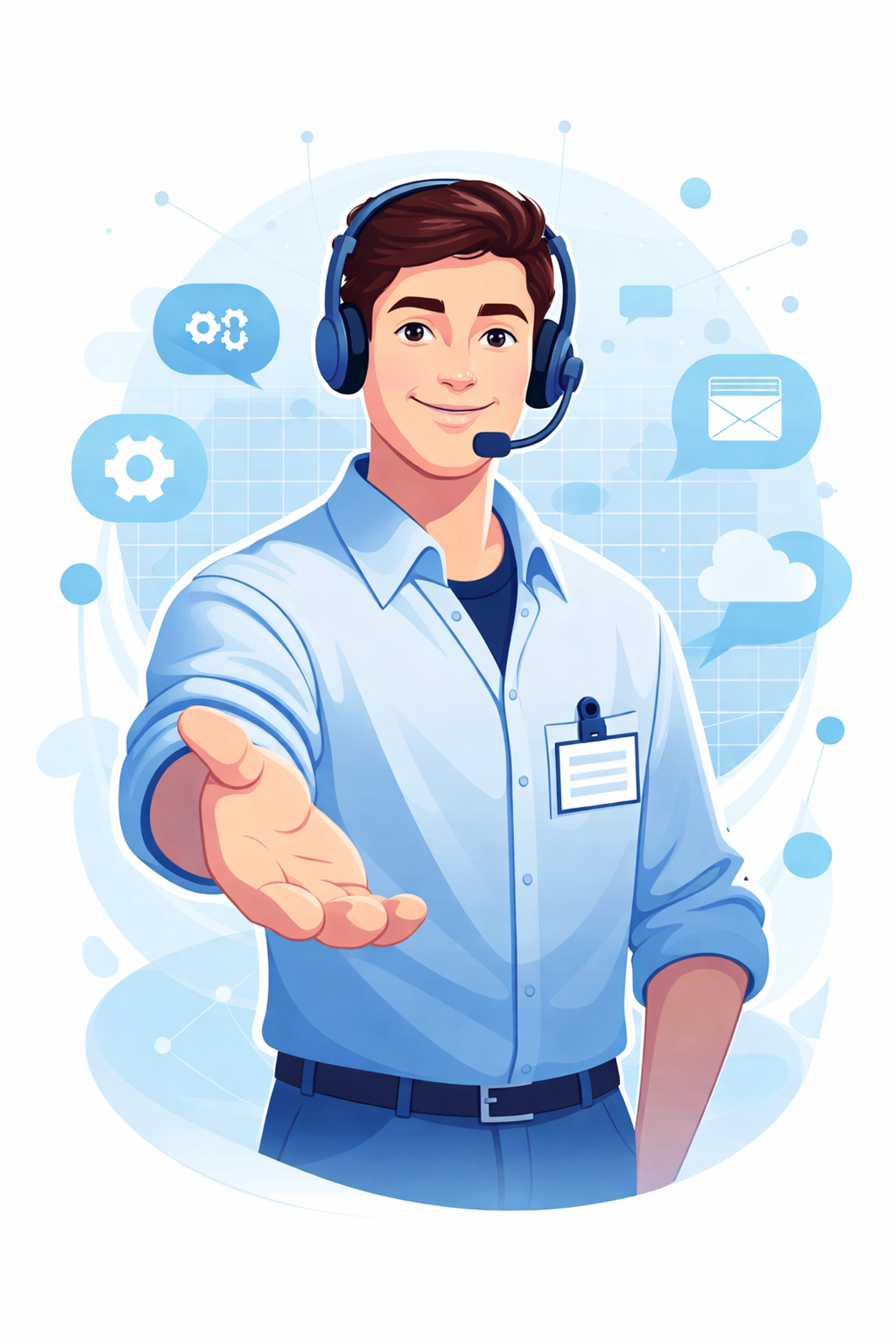 Friendly IT support specialist offering 24/7 human help and technical expertise to users