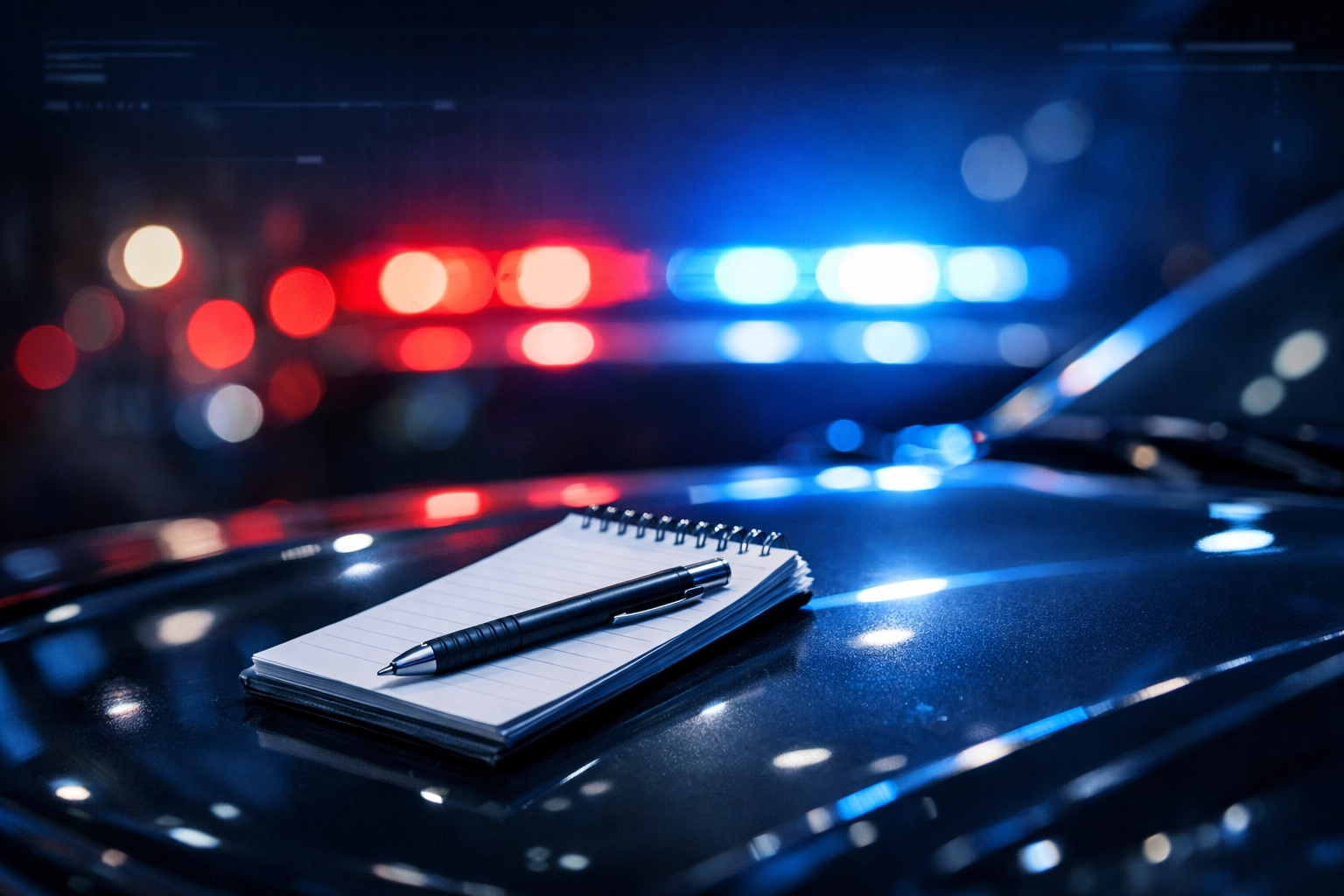 Police officer documenting DUI traffic stop with notepad during night patrol