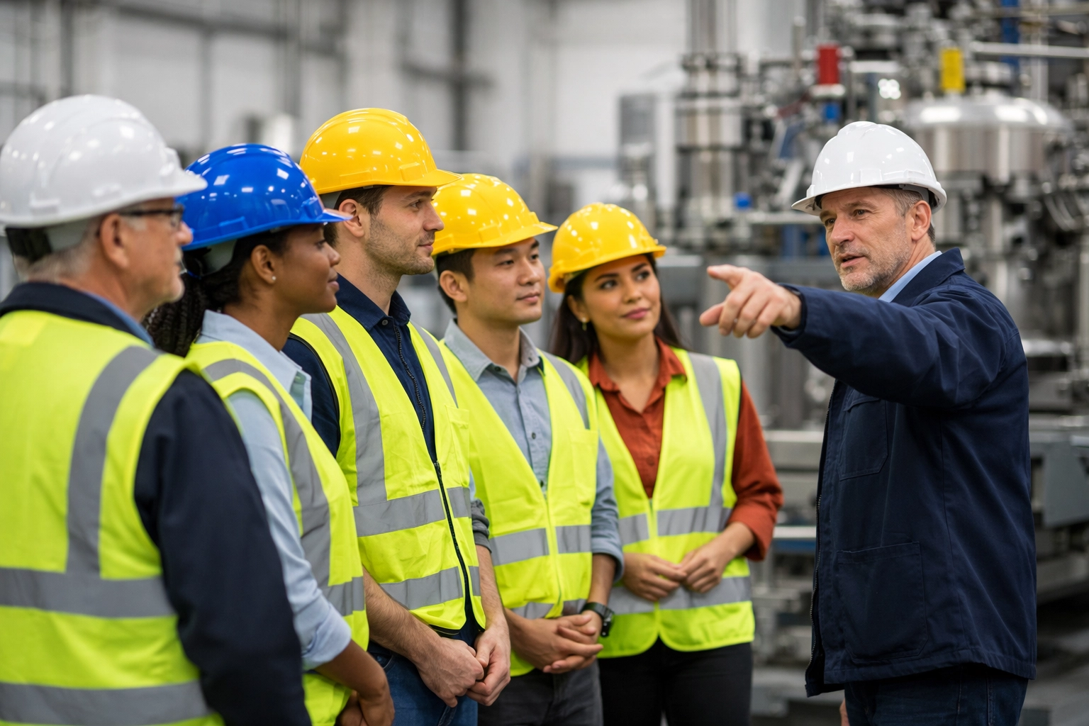 Workers in safety gear during a meeting to ensure L&I compliance and workplace workers comp safety standards.