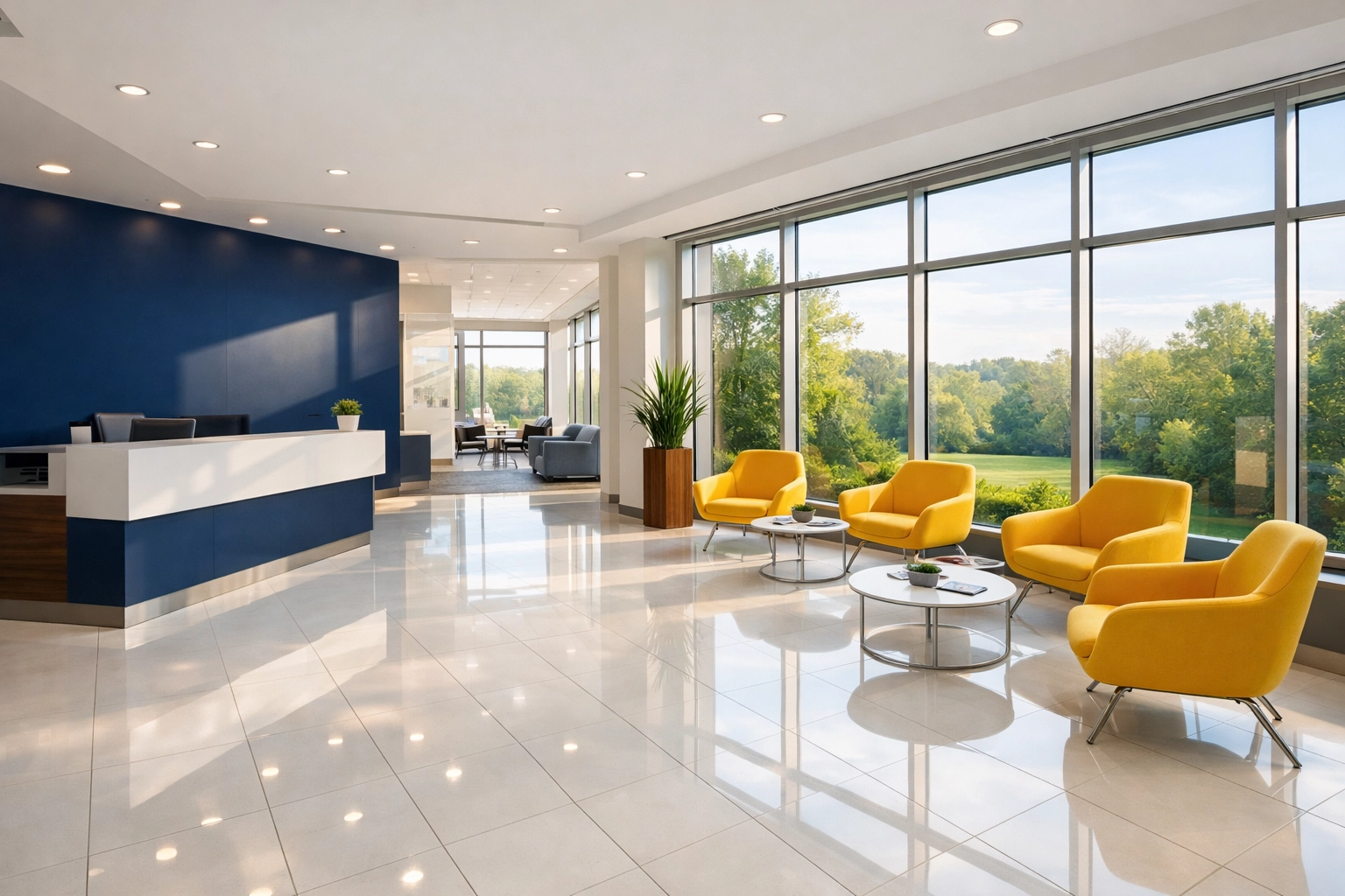Spotless office lobby in Boxborough showcasing the results of expert commercial cleaning Boxborough services.