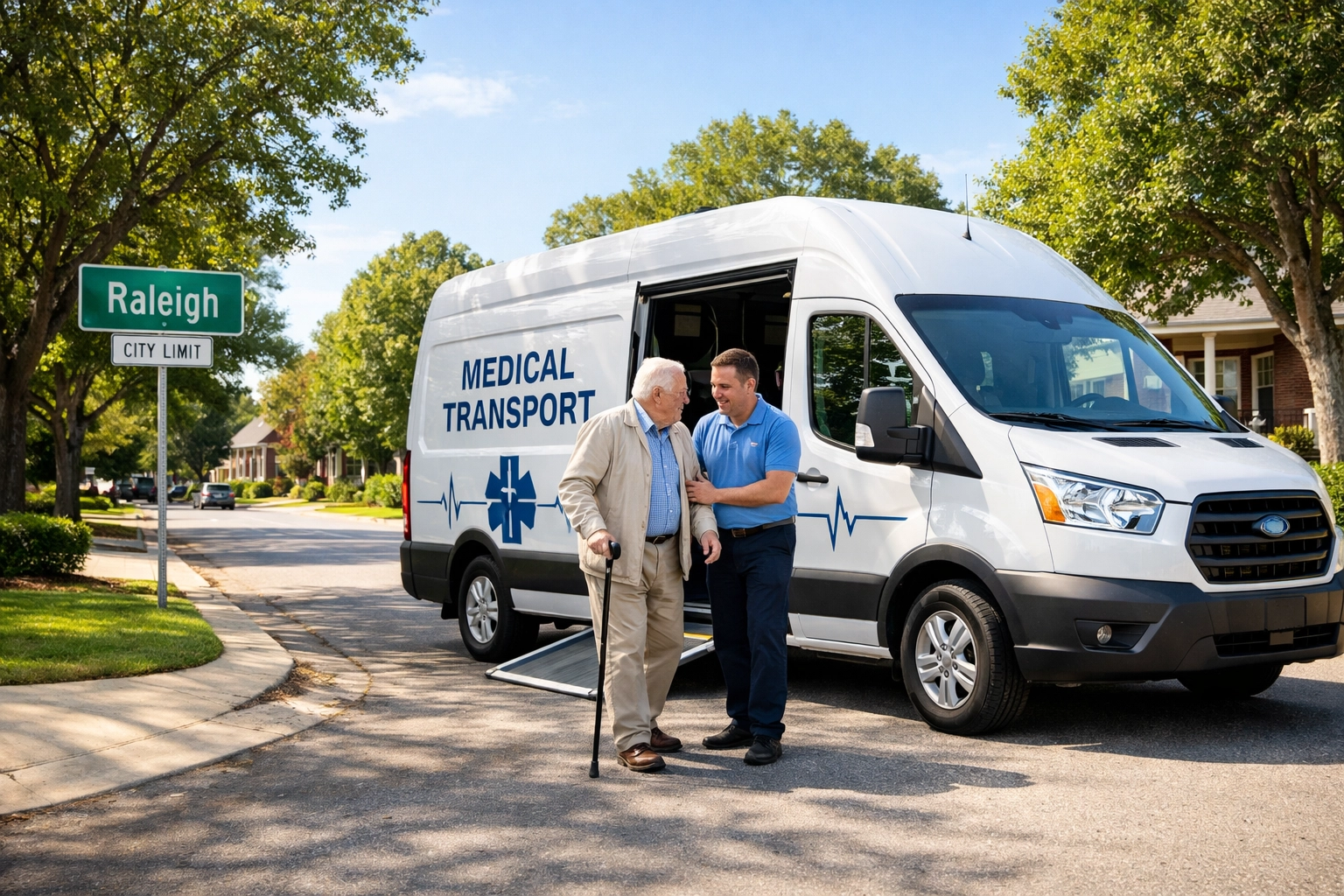Professional medical transportation Raleigh NC driver assisting a patient into a clean transport van.