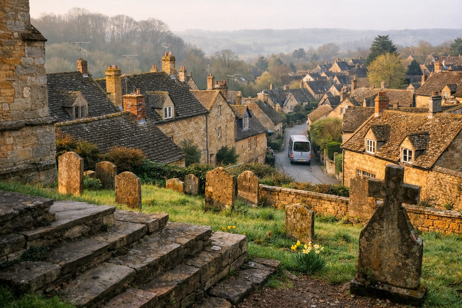 View of golden stone rooftops in Blockley village from the tiered churchyard of St Peter and St Paul.