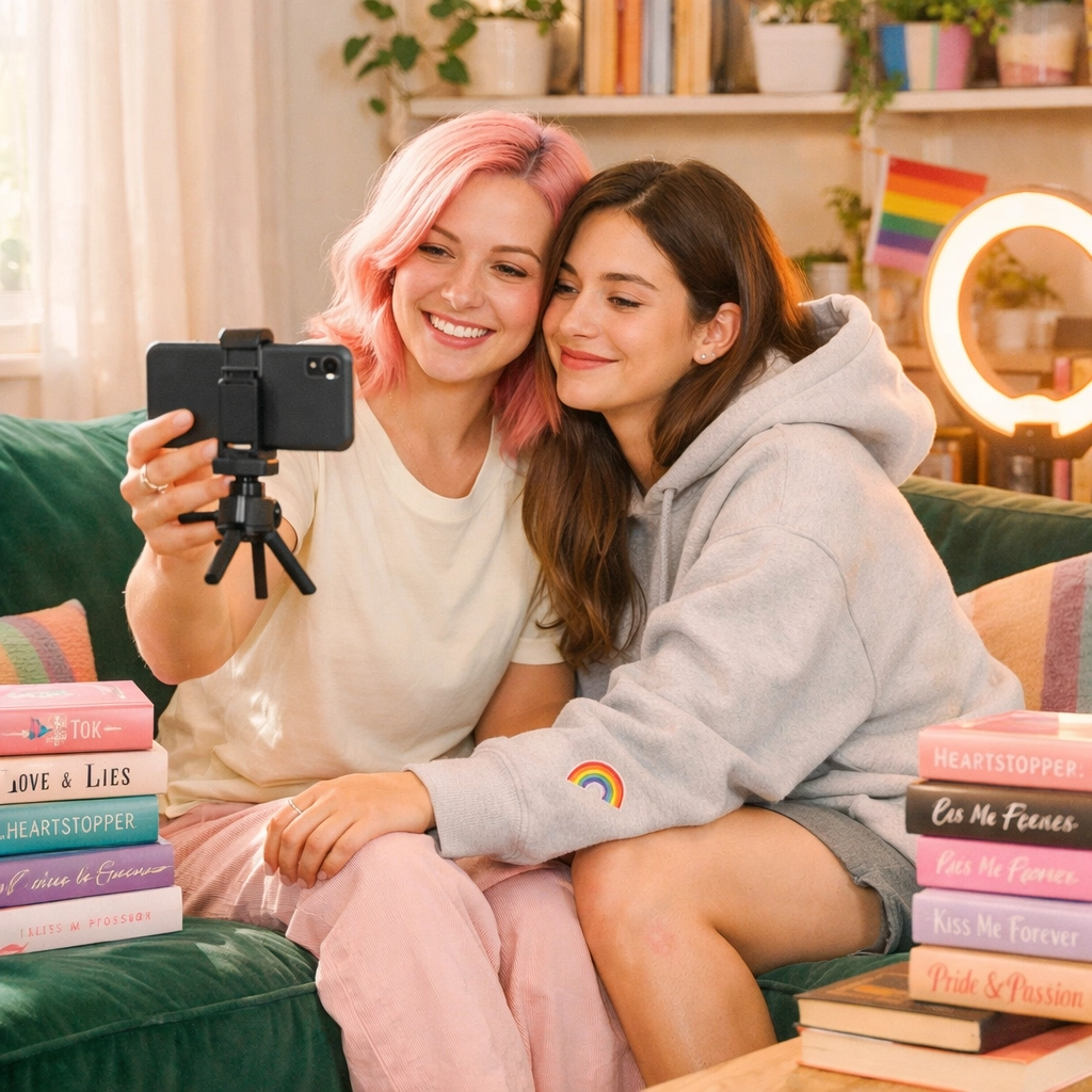 Lesbian couple filming a BookTok video featuring gay romance novels and wearing minimalist queer merch.