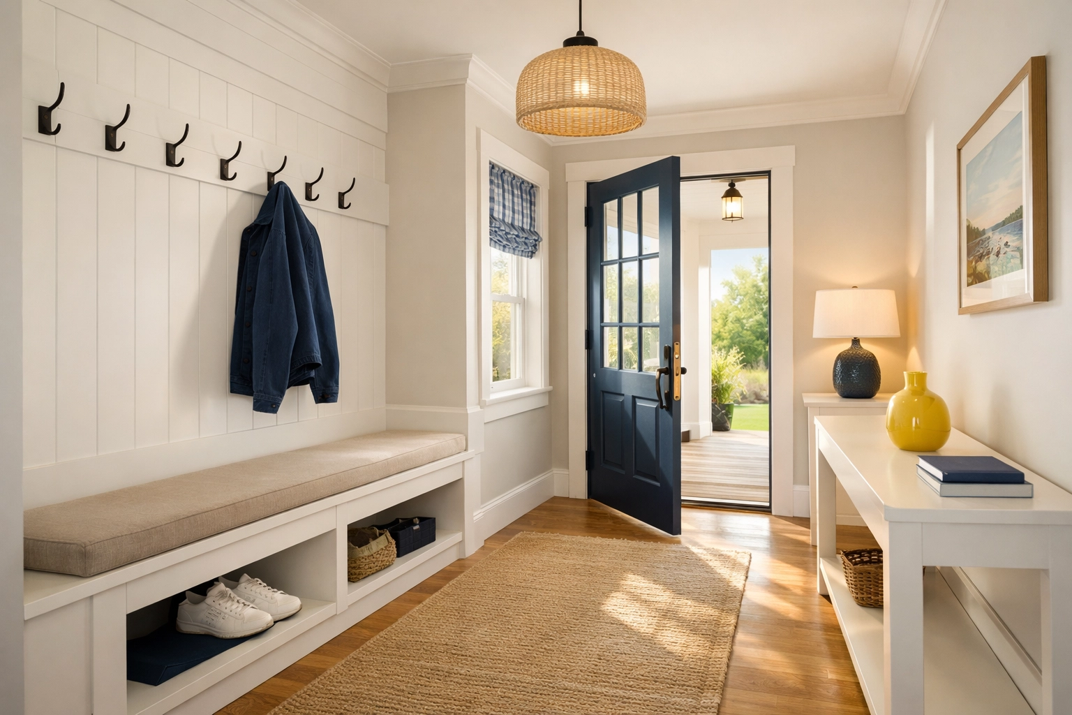 A clutter-free, organized entryway in a Lunenburg home following the one-touch cleaning rule.