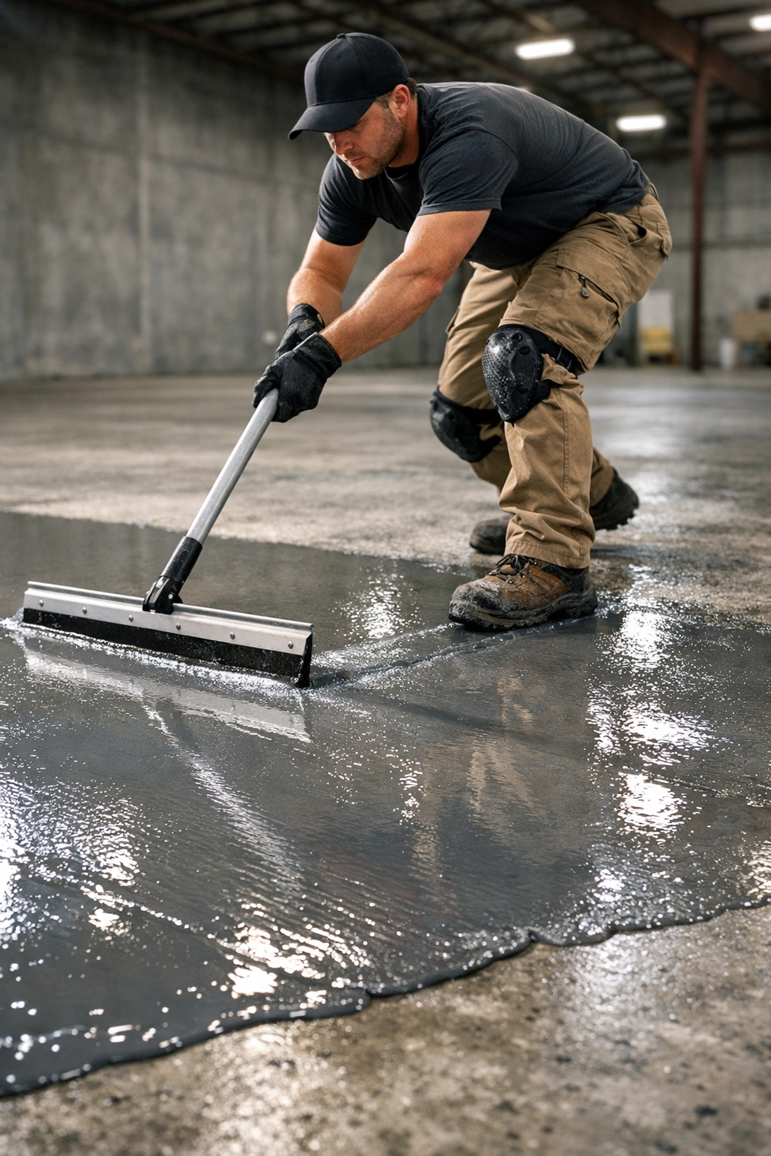 Professional installer applying polyaspartic floor coating in Brandon MS