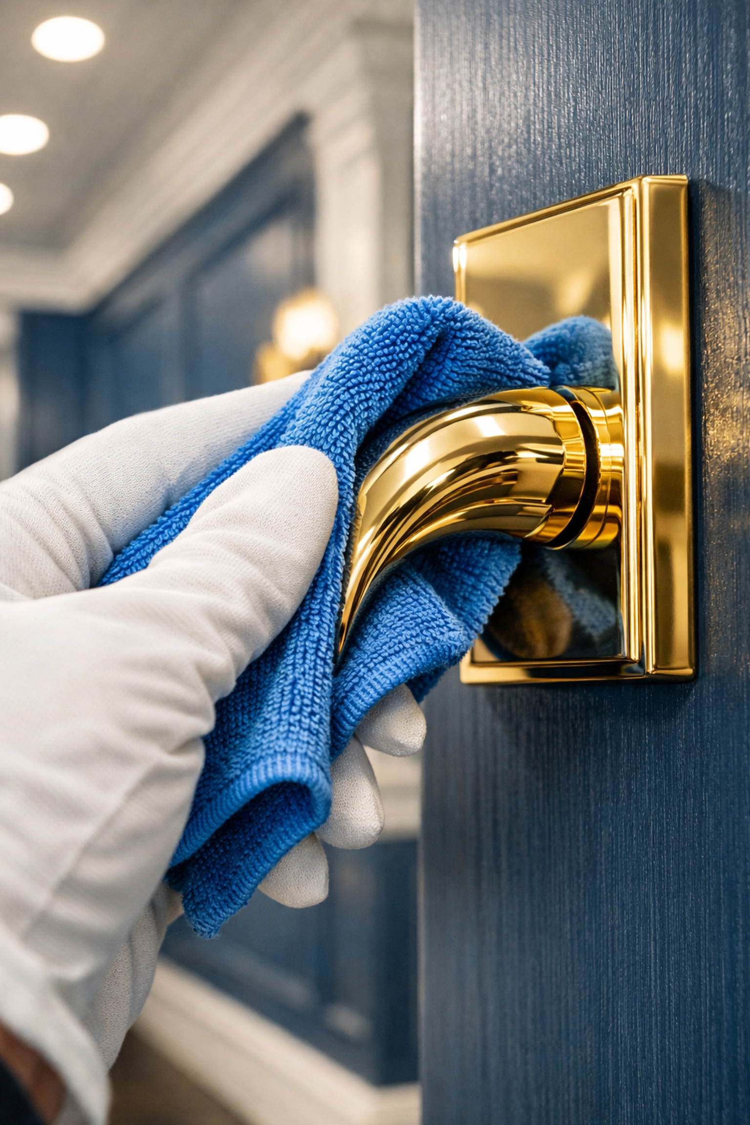 Expert residential cleaning Massachusetts detail work on a luxury gold door handle in a Dover home.