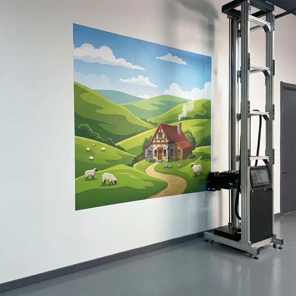 Vertical printer installing countryside mural