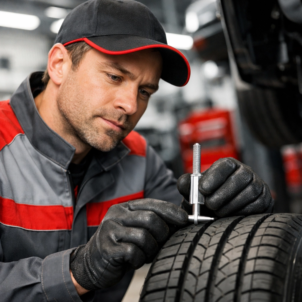 Technician providing professional tire repair and inspection services in Deming NM.