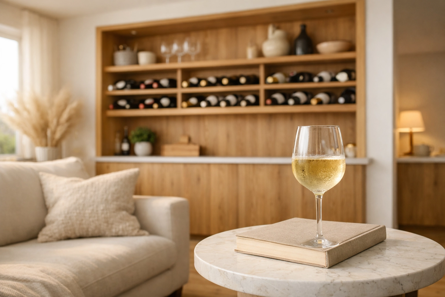 Sunlit living room featuring a modern wine rack and white wine glass for an elevated everyday experience.