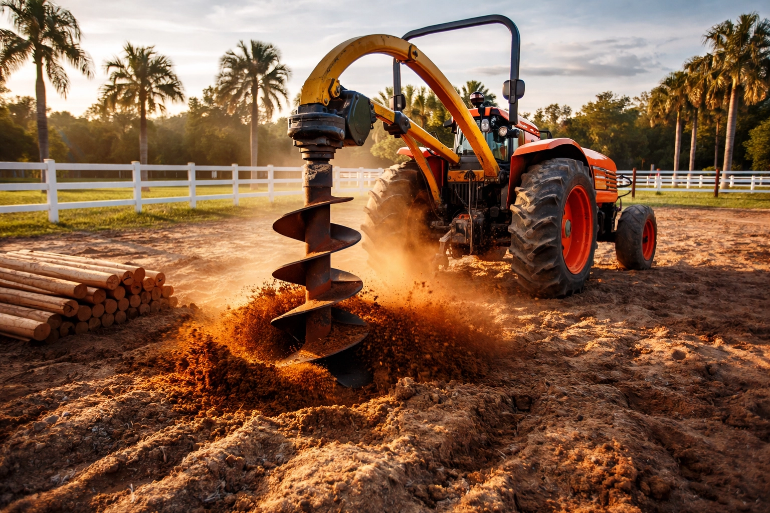 Compact tractor with post-hole digger installing new fence on a Florida horse farm, showing construction equipment in use