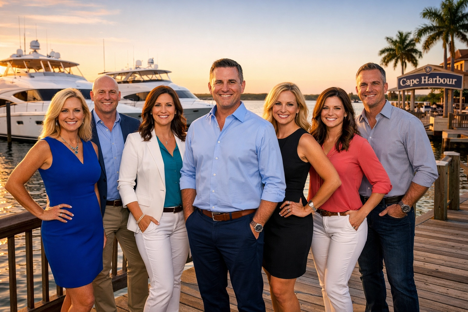 Professional RE/MAX real estate team standing at the Cape Harbour marina in Cape Coral.
