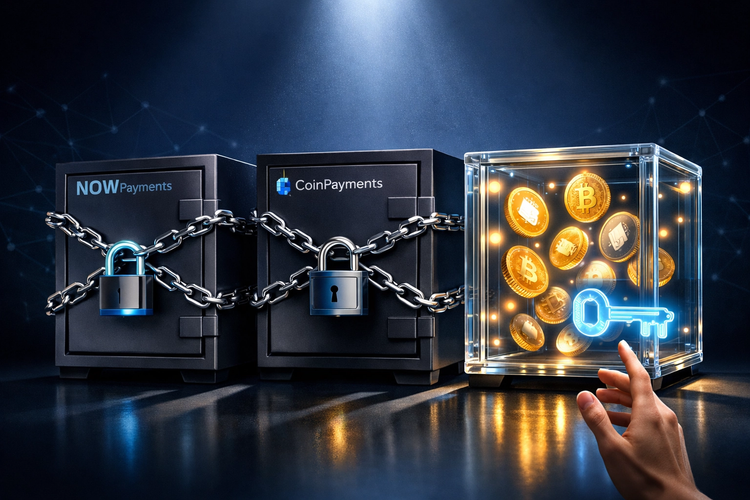 Comparison of custodial crypto payment vaults versus self-custody solution with transparent access