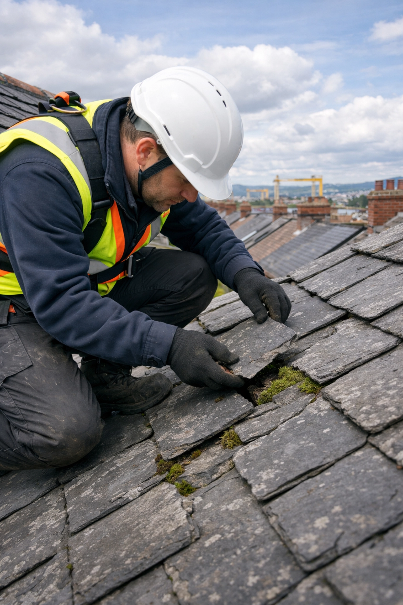 Professional roof inspector examining slate tiles during specialist roof survey in Belfast