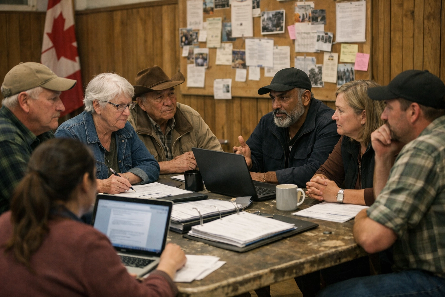 Ag society board members discussing governance around a table in a Canadian community hall.