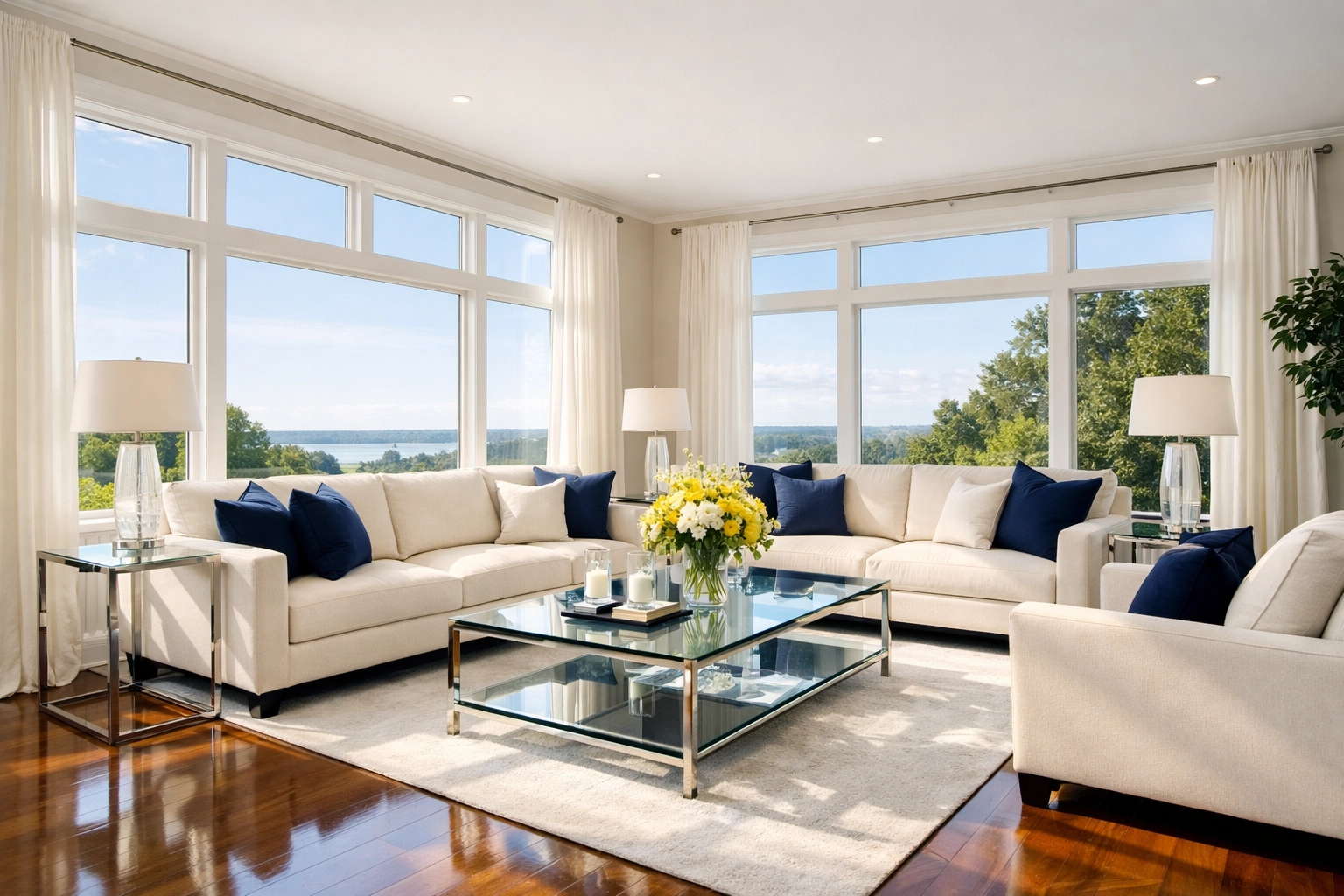 Sun-drenched luxury living room featuring polished floors from residential cleaning in Massachusetts.
