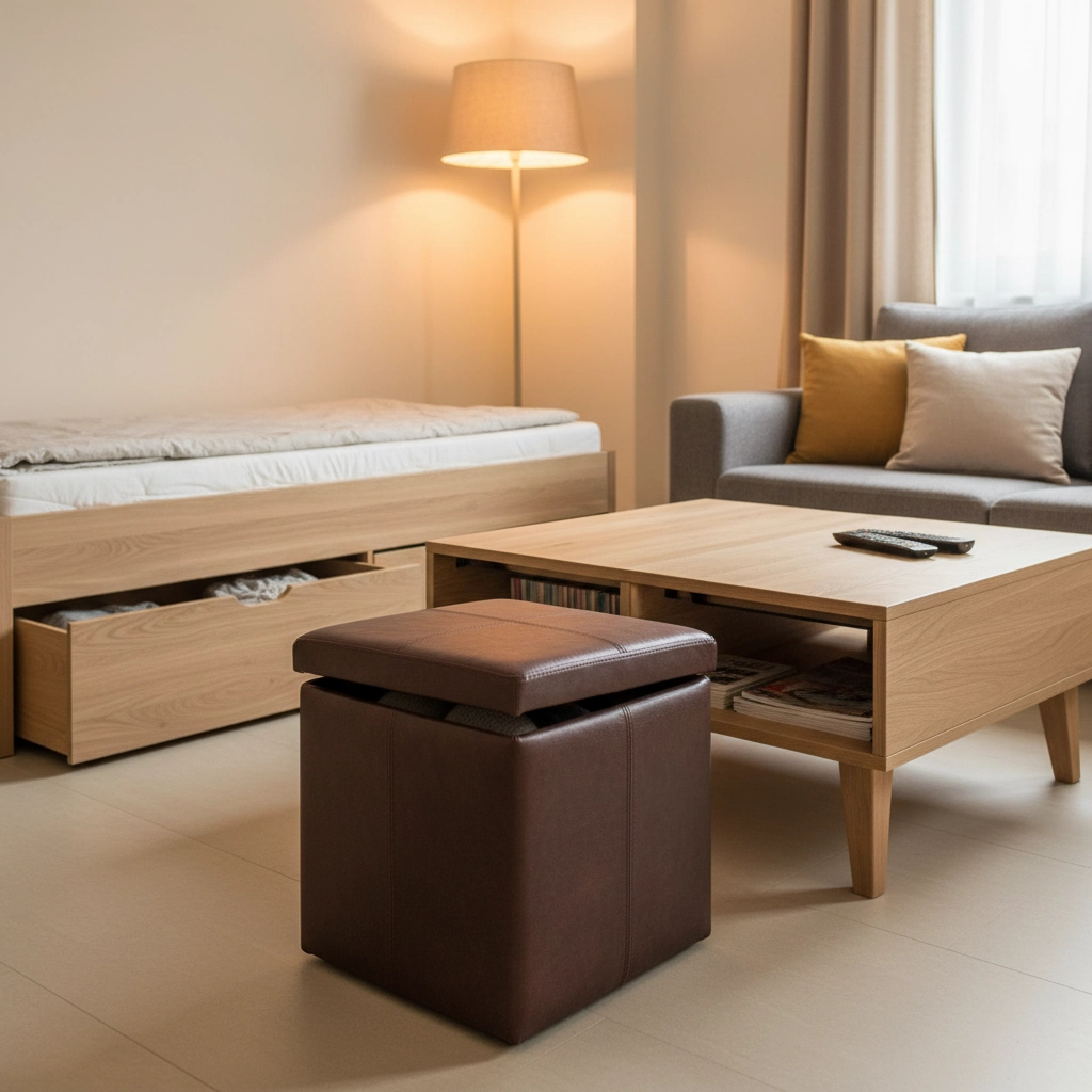 A pictures showing three pieces of furniture that can double as storage: a bed with built-in drawers, and coffee table with storage underneath, and an ottoman that has storage inside. The Ultimate Guide: 50+ Must-Try Storage Hacks for an Apartment