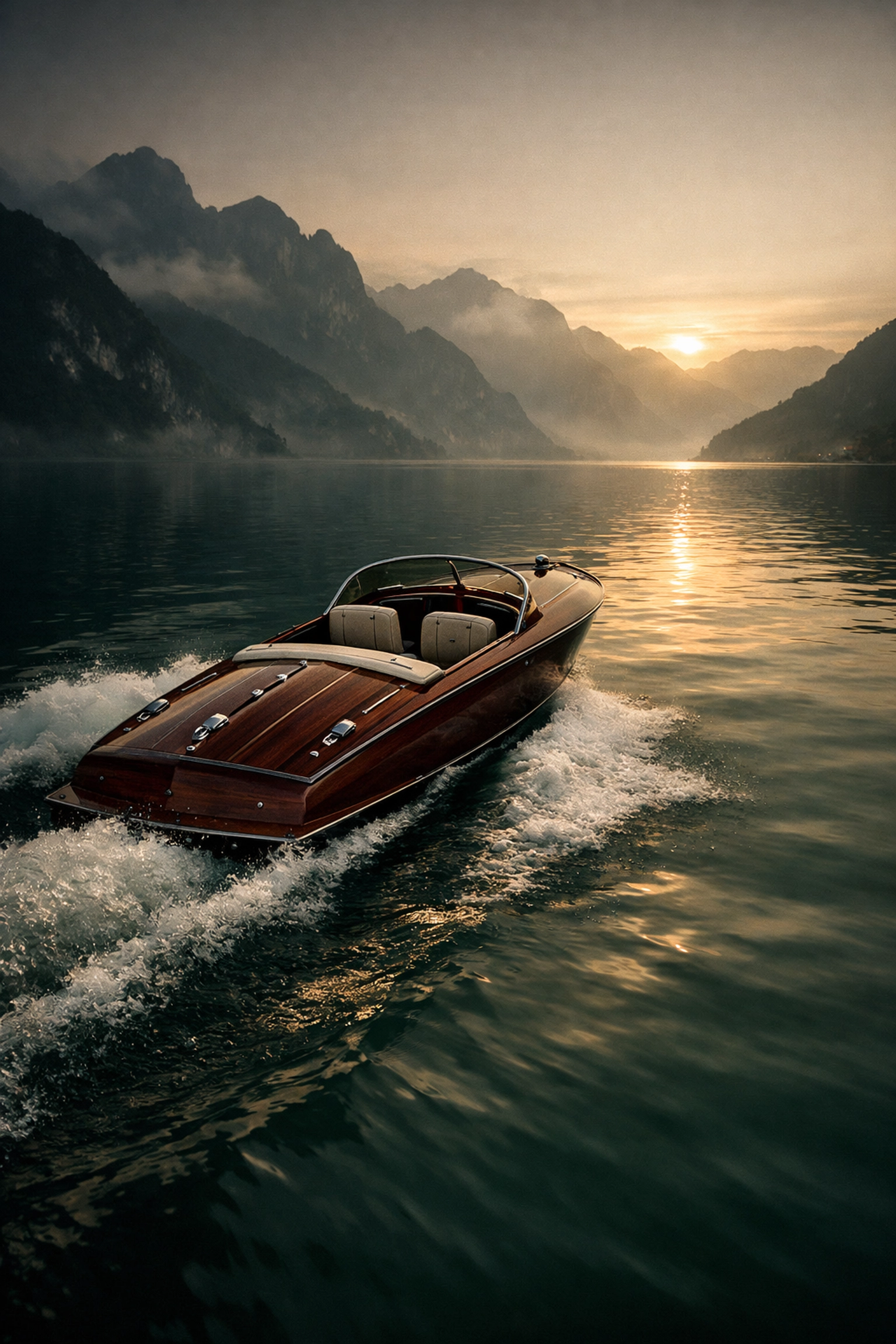 Private mahogany speedboat cruising Lake Como at sunrise, representing exclusive luxury travel access.