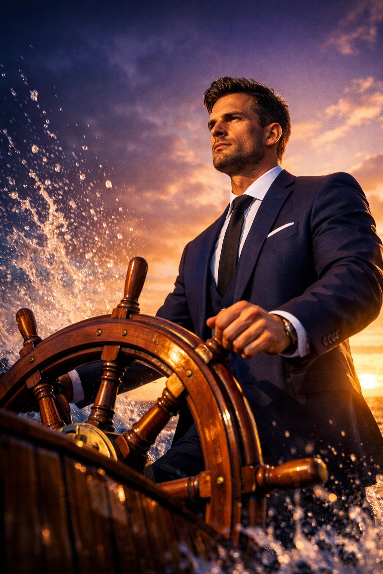 A confident man at a ship's helm representing an Admiral mastering his status and private sector freedom.