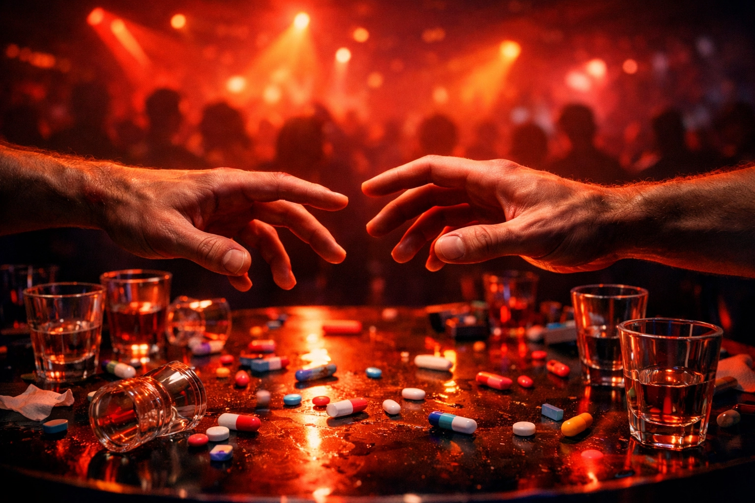 Hands reaching across a table with drinks symbolizing connection in MM romance stories