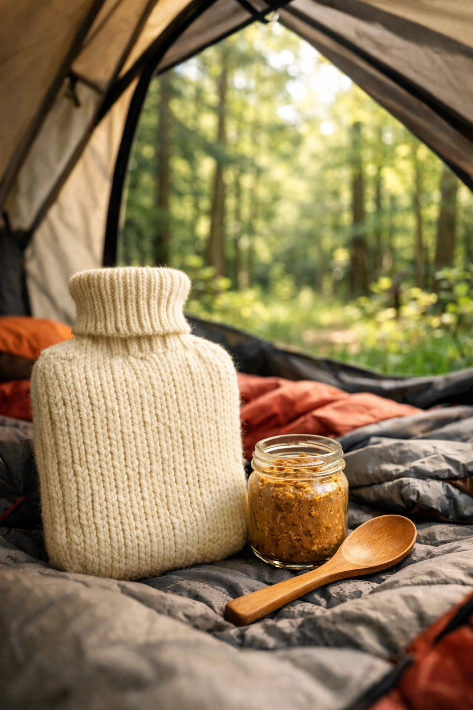 Outdoor survival gear including a hot water bottle and snacks for warmth on a camping adventure UK.