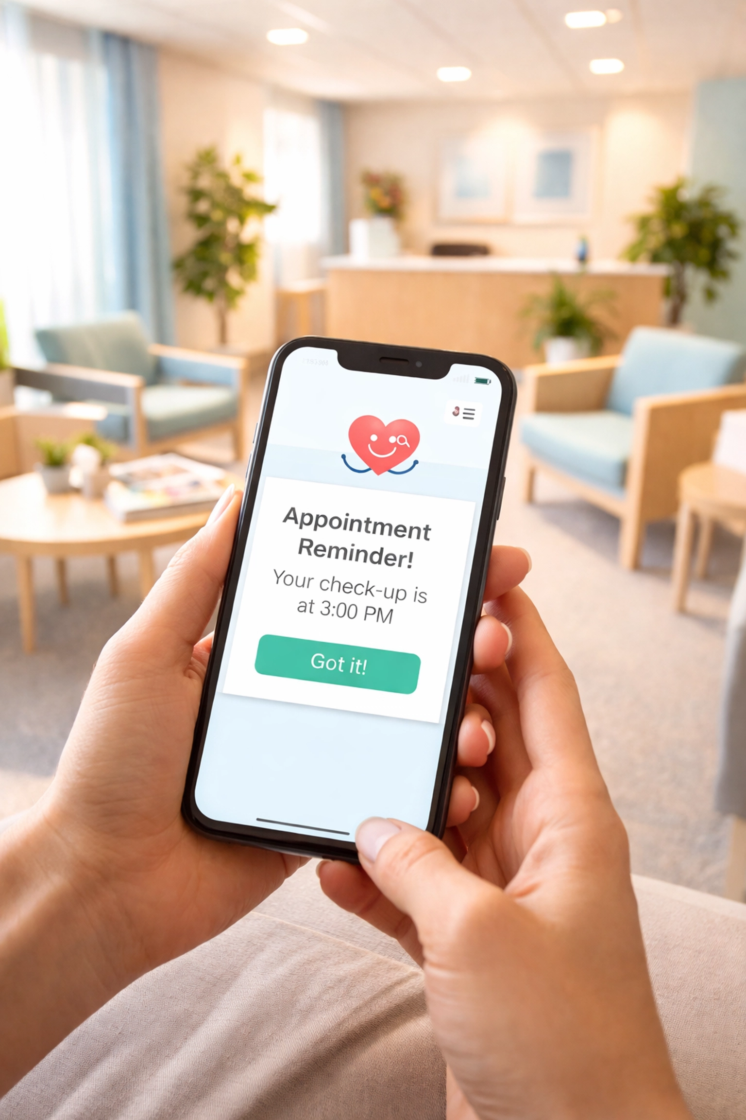 Patient receiving a review request notification in a welcoming medical clinic waiting room