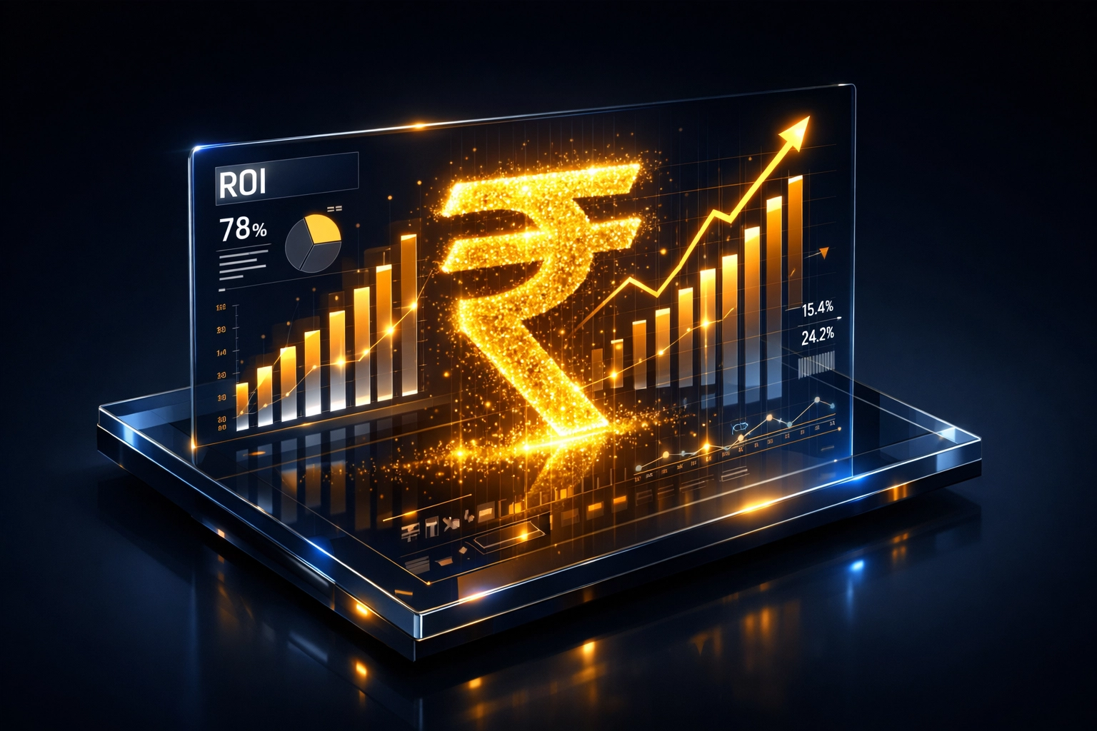 A digital ROI dashboard with a glowing Rupee symbol and rising charts representing SME business scaling.