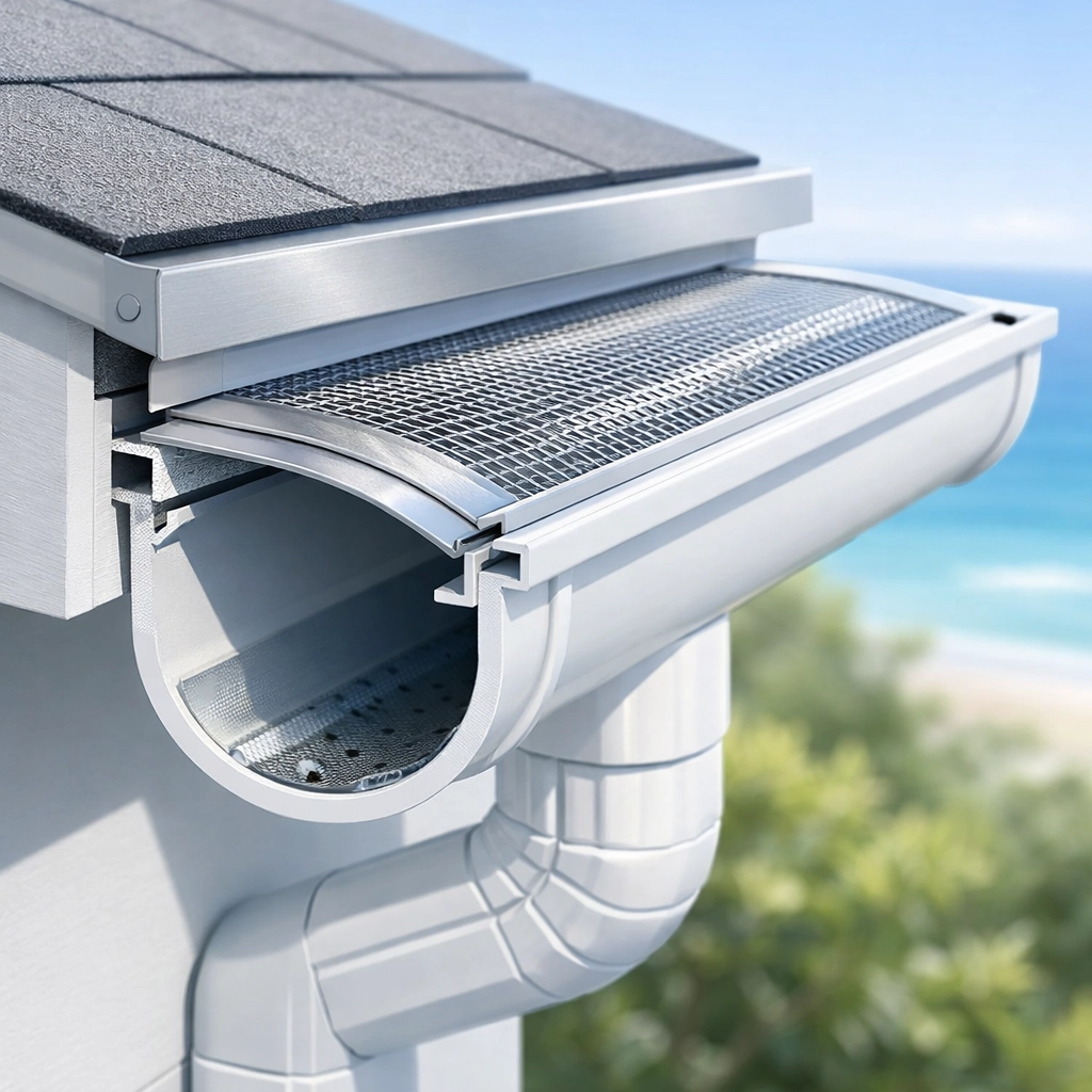 Modern white gutter system with mesh leaf protection installed by professional roofers in Sydney.