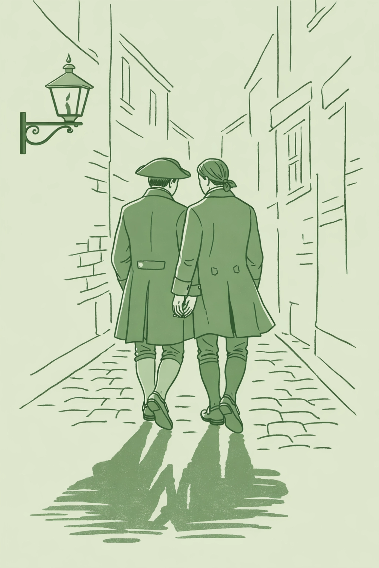 Illustration of two men walking closely in a historic Soho alleyway, depicting early queer history and secret longing.