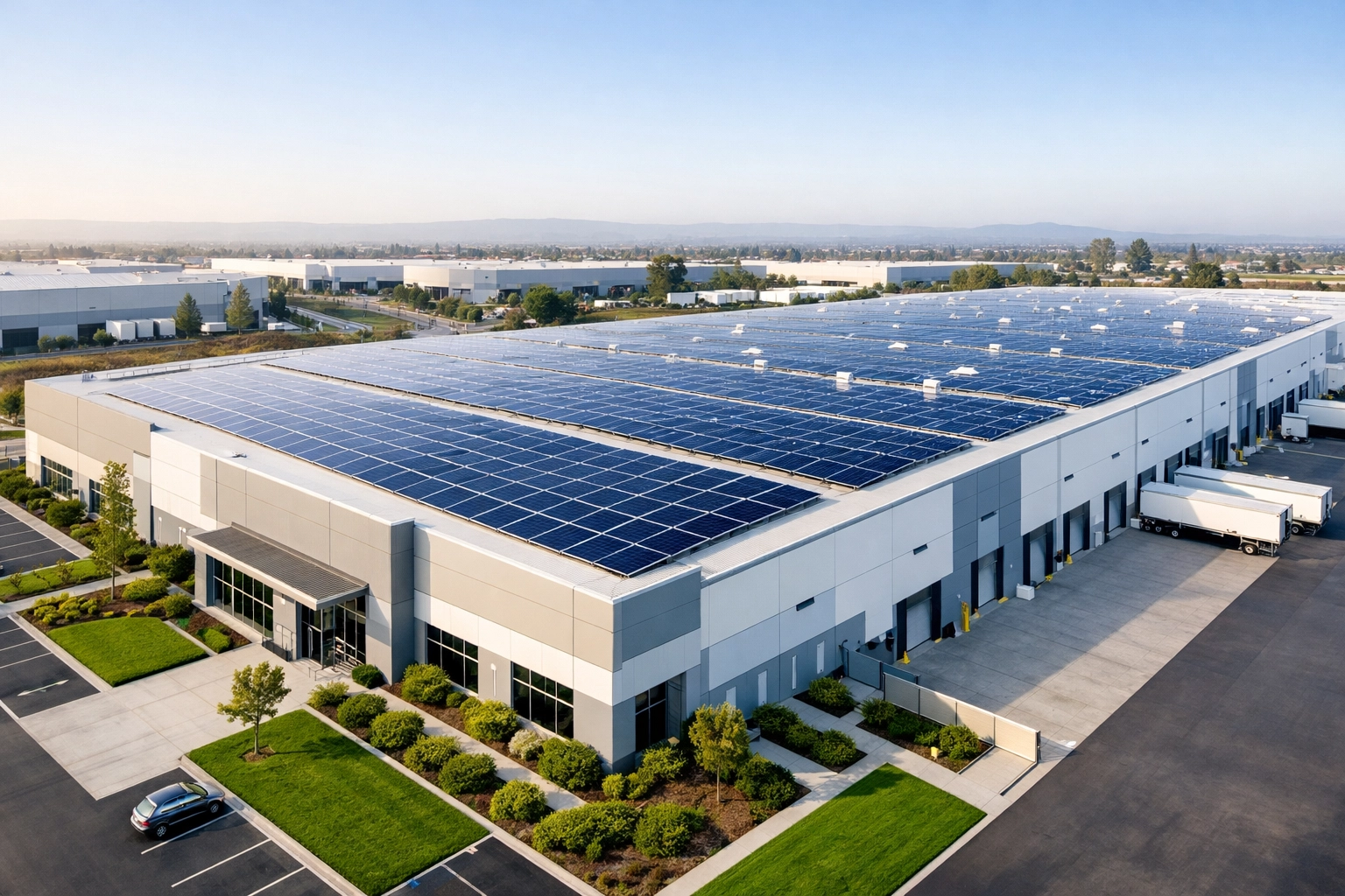 Modern commercial warehouse with rooftop solar panels helping a business achieve energy independence.