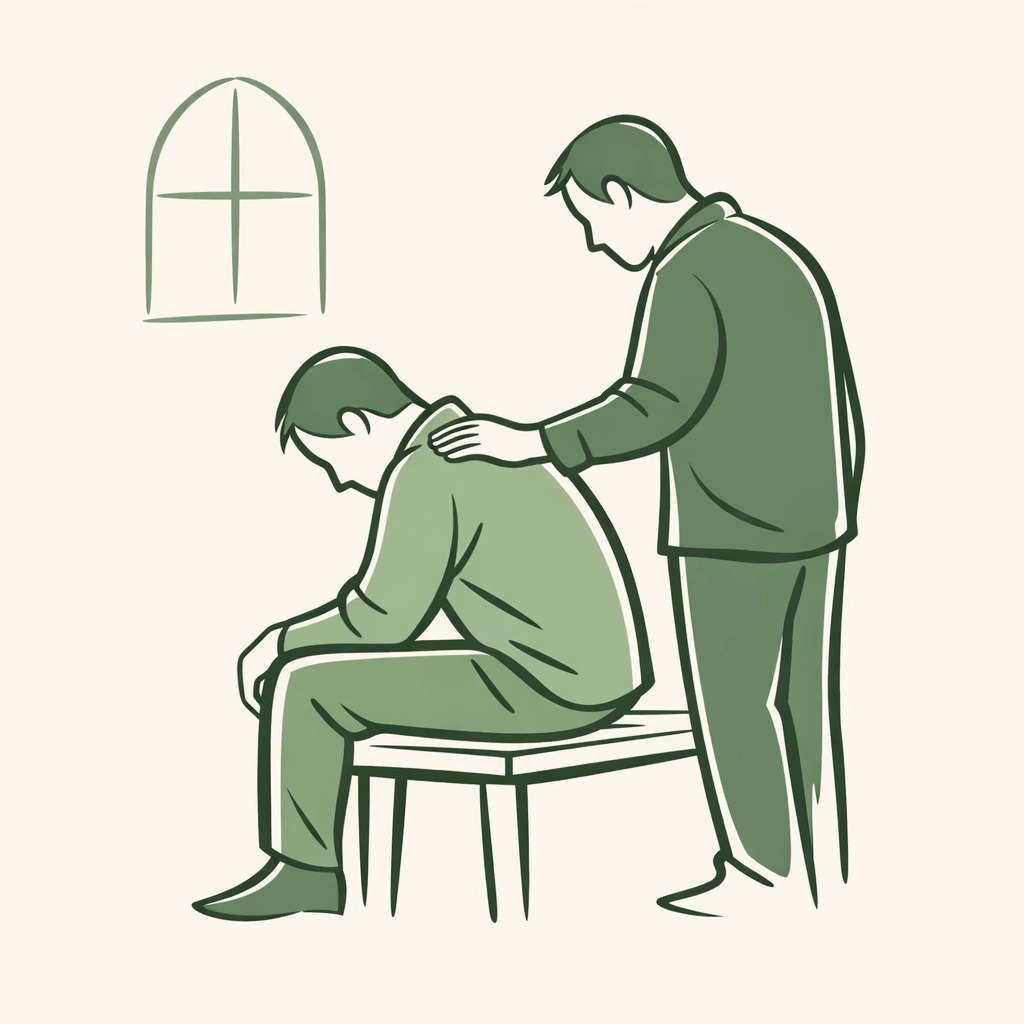 Minimalist illustration of two gay men sharing a quiet, high-angst moment of emotional support.