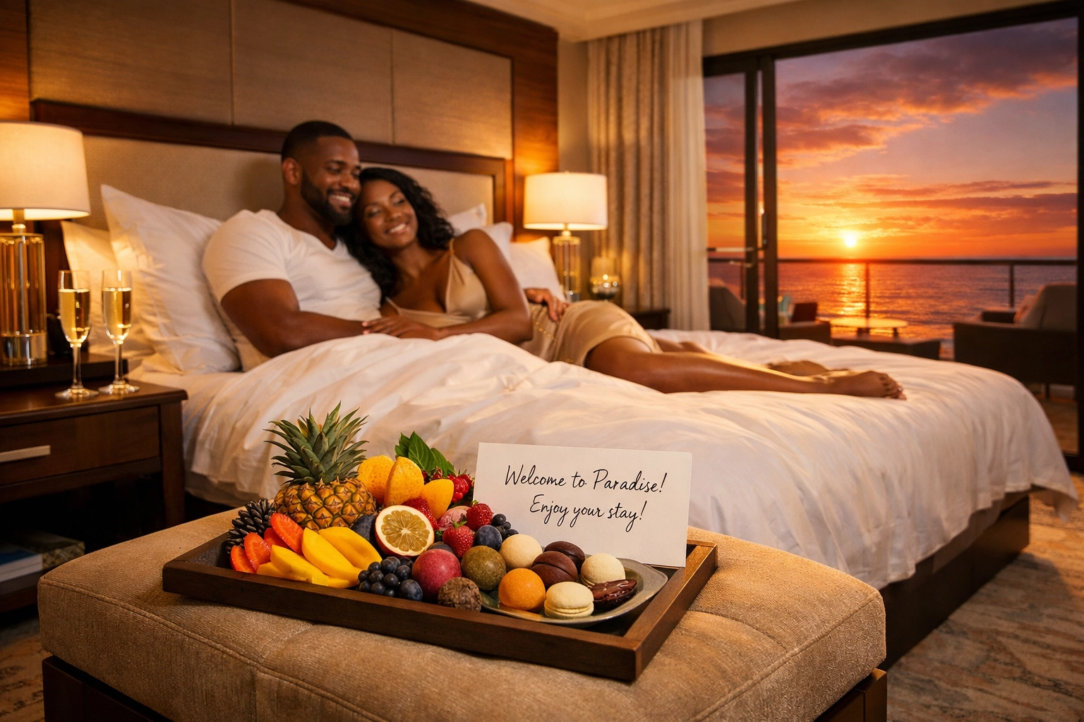 Couple enjoying luxury hotel room upgrade with ocean view and welcome amenities from travel planner