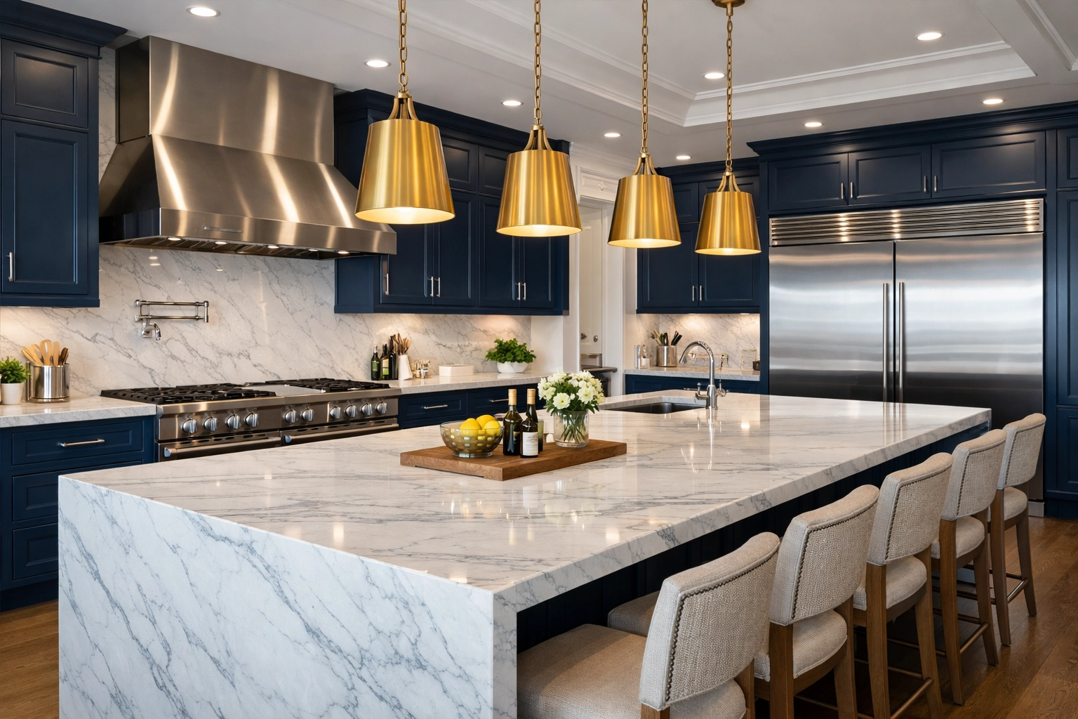 Polished luxury chef's kitchen in Weston with a white marble island and gleaming stainless steel appliances.