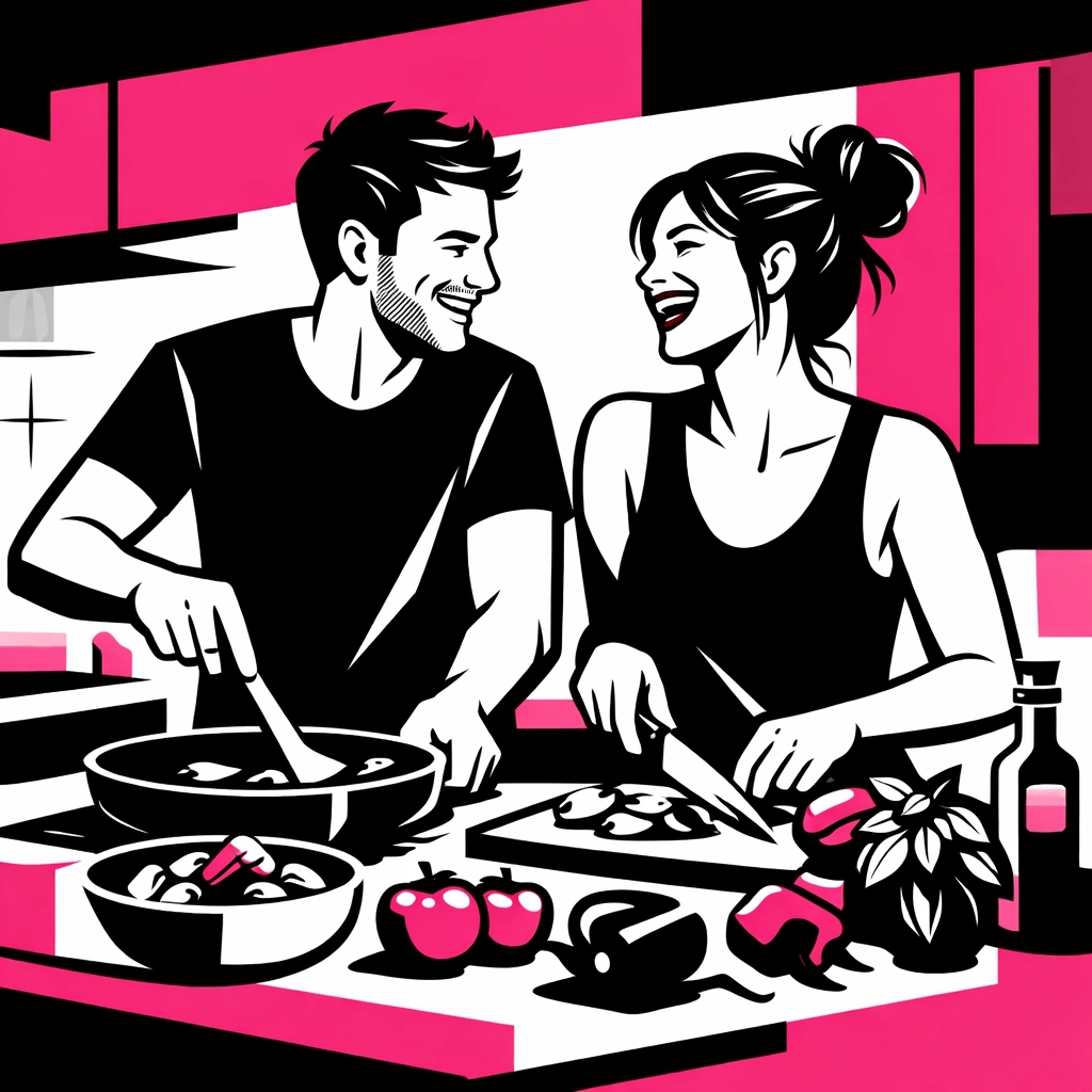 Happy couple cooking together in kitchen, maintaining relationship connection
