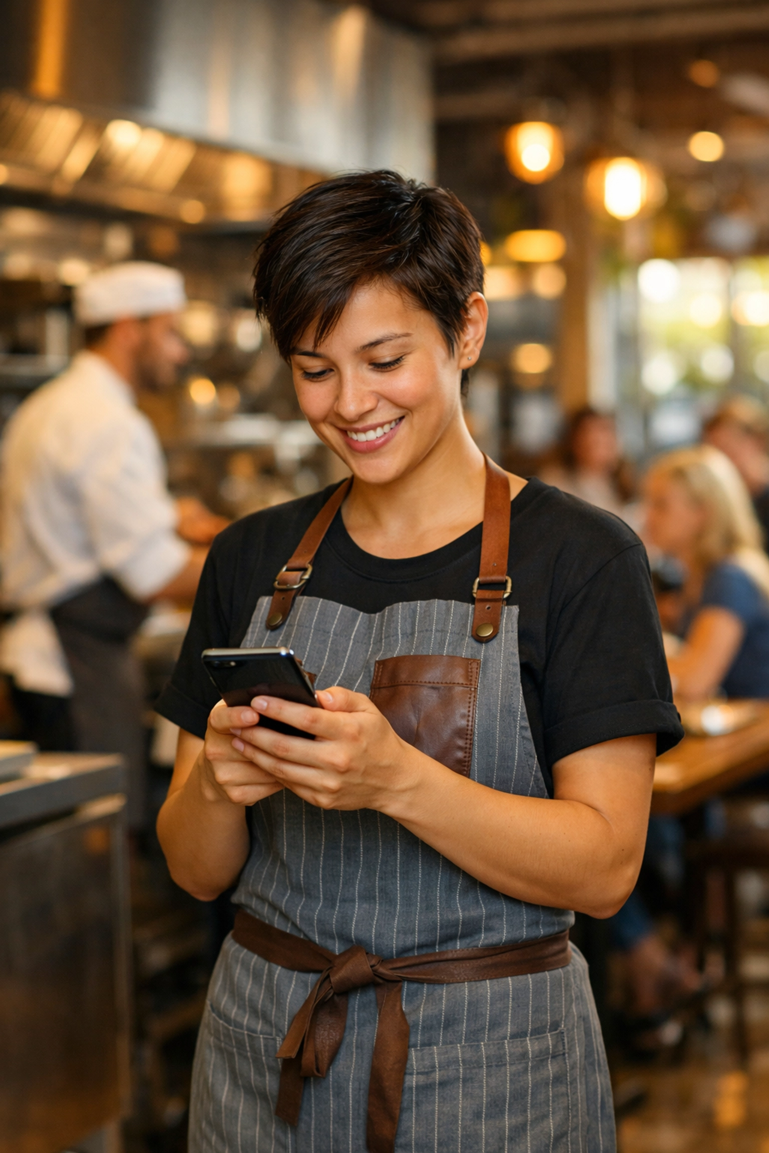 Restaurant server using a mobile-first employee training app on a smartphone in a bistro.