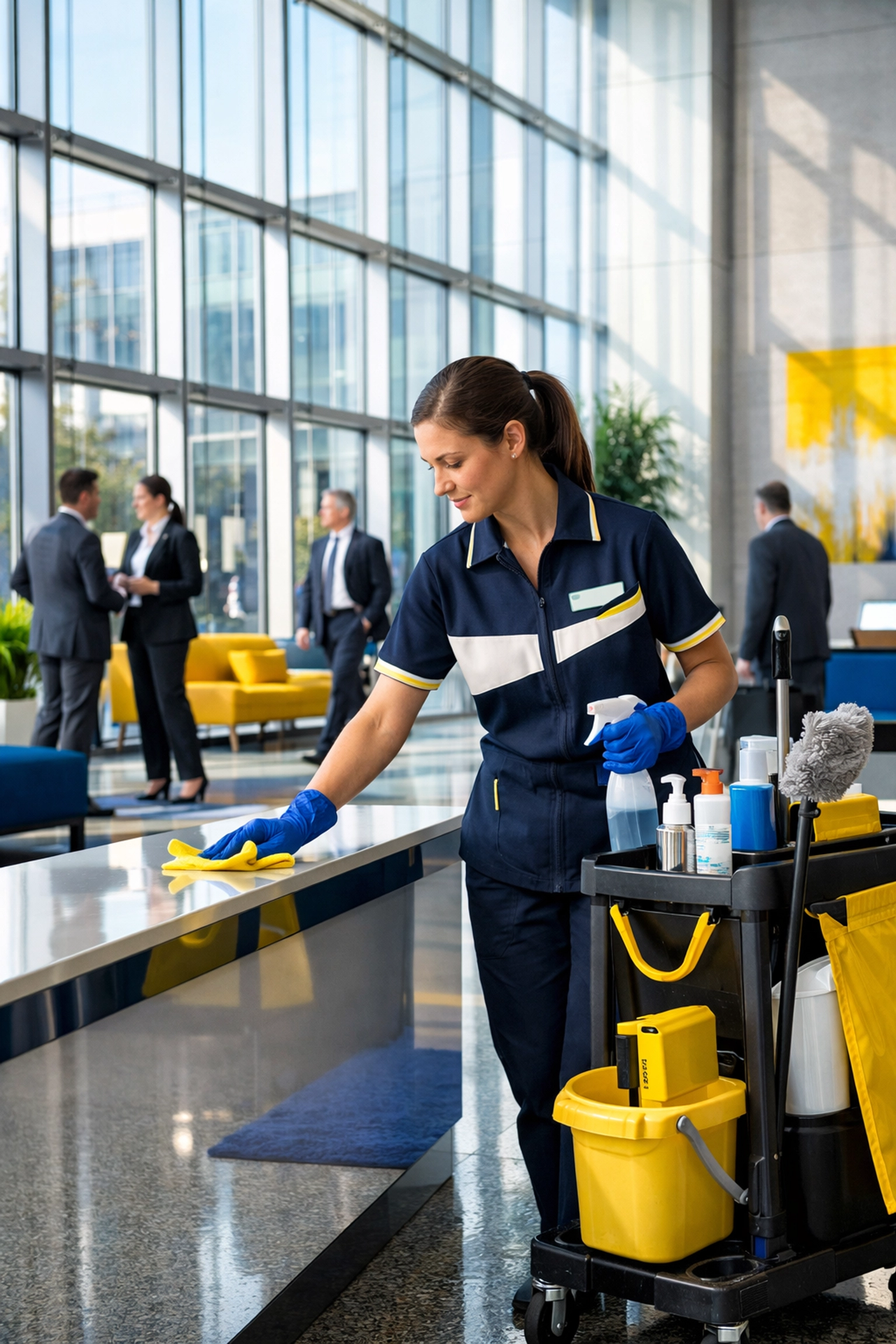 Professional staff providing day porter janitorial services in a modern Massachusetts office lobby.