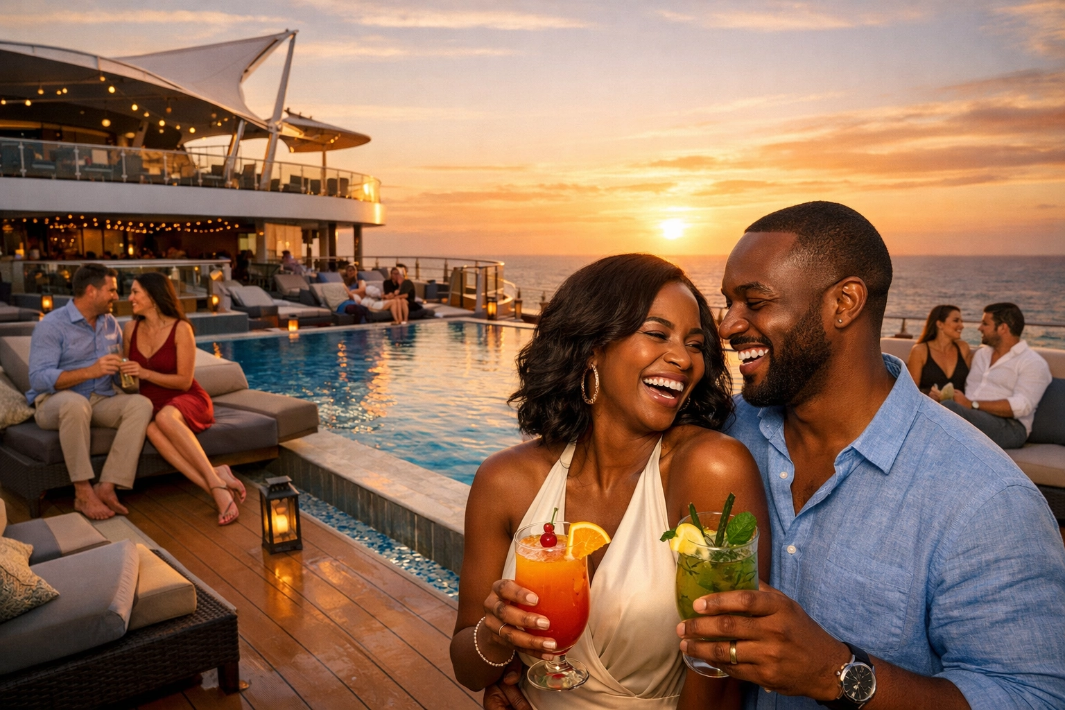 Couples enjoying sunset at adults-only cruise ship pool deck