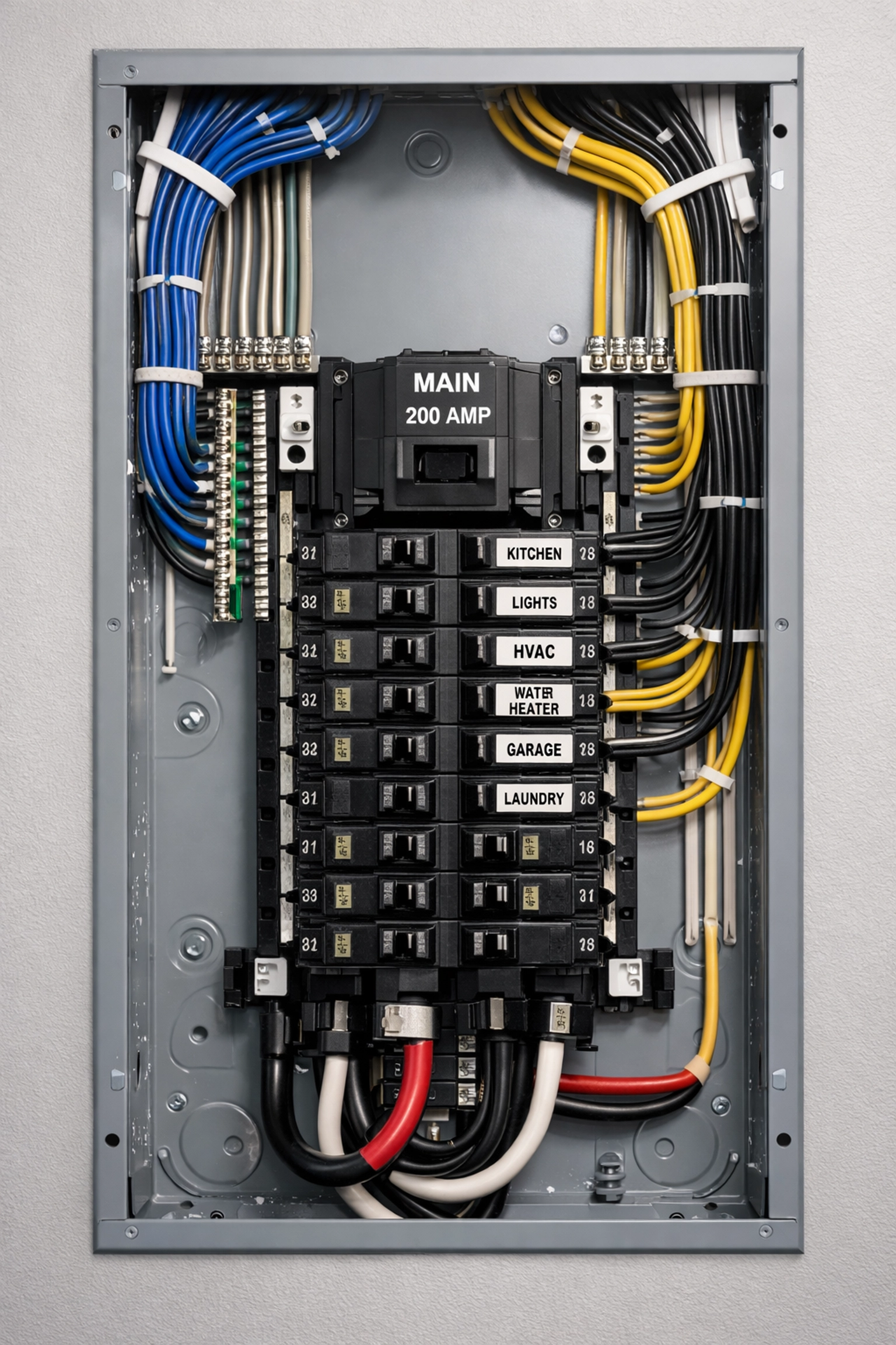 New electrical circuit breaker panel with organized wiring for safe home power distribution.