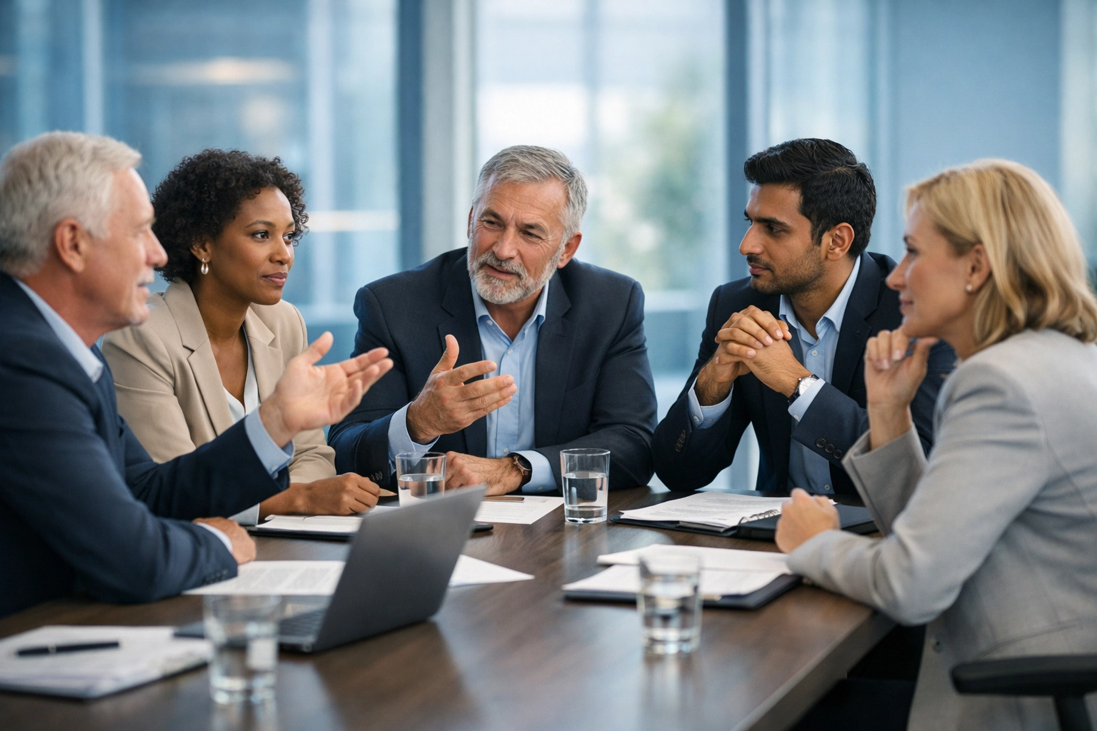 Business leaders collaborating around conference table discussing resilience strategies during organizational change
