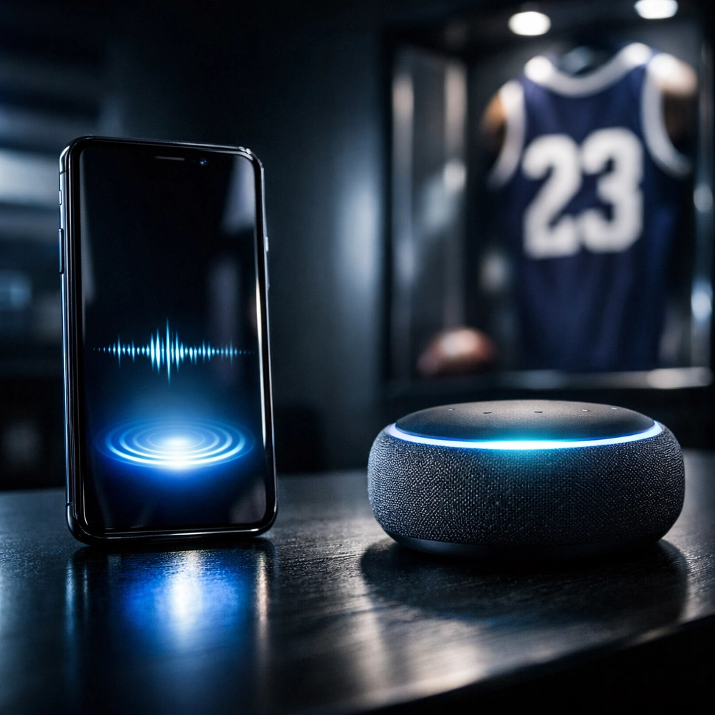 Voice assistant and smartphone providing direct answers for sports media and AEO marketing strategy.