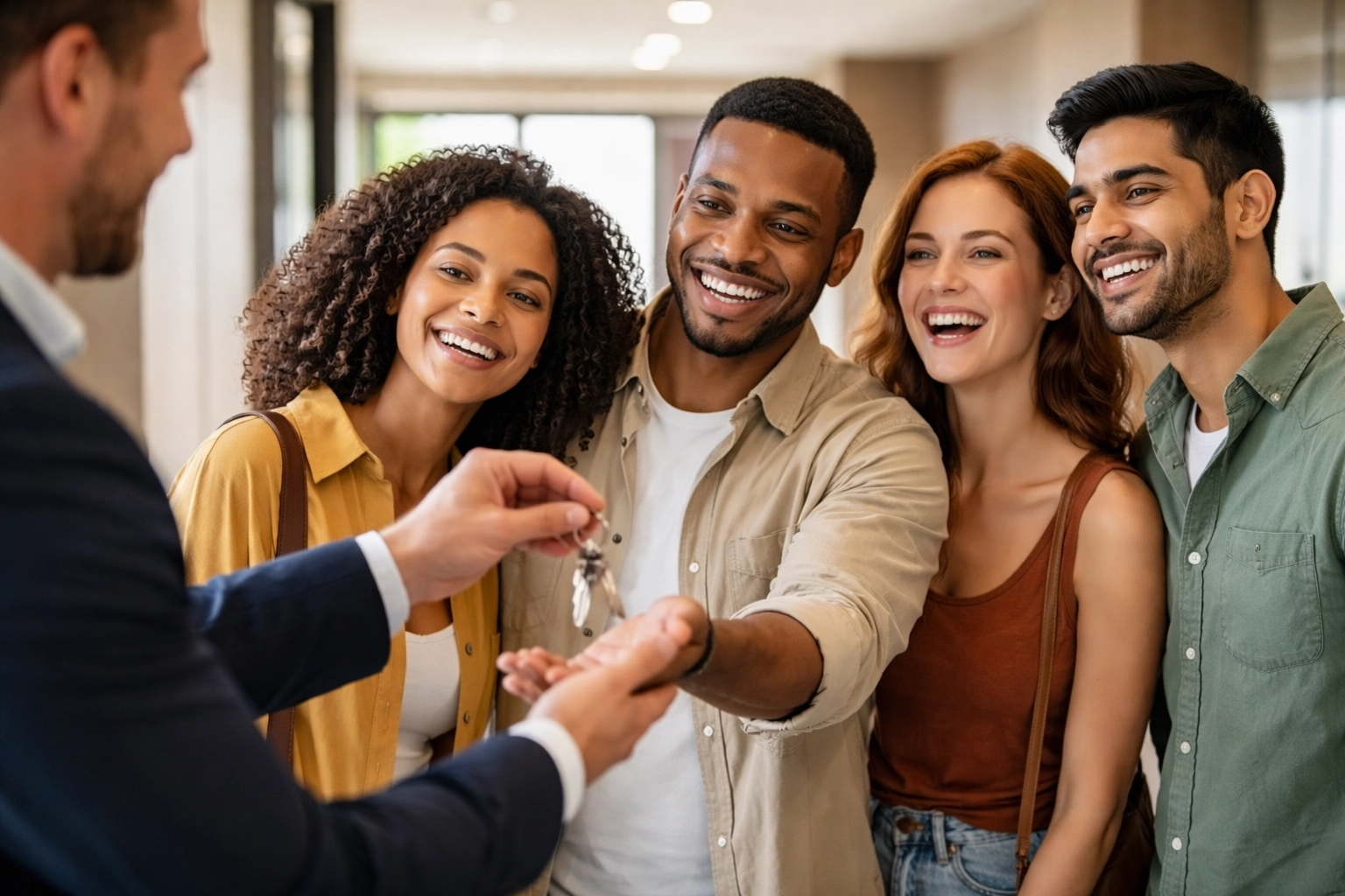 Diverse tenants happily receiving apartment keys from a property manager in a sunlit lobby
