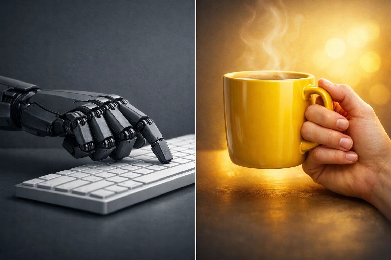 A robot hand typing next to a human hand with a warm mug, showing the empathy gap in lead nurturing.