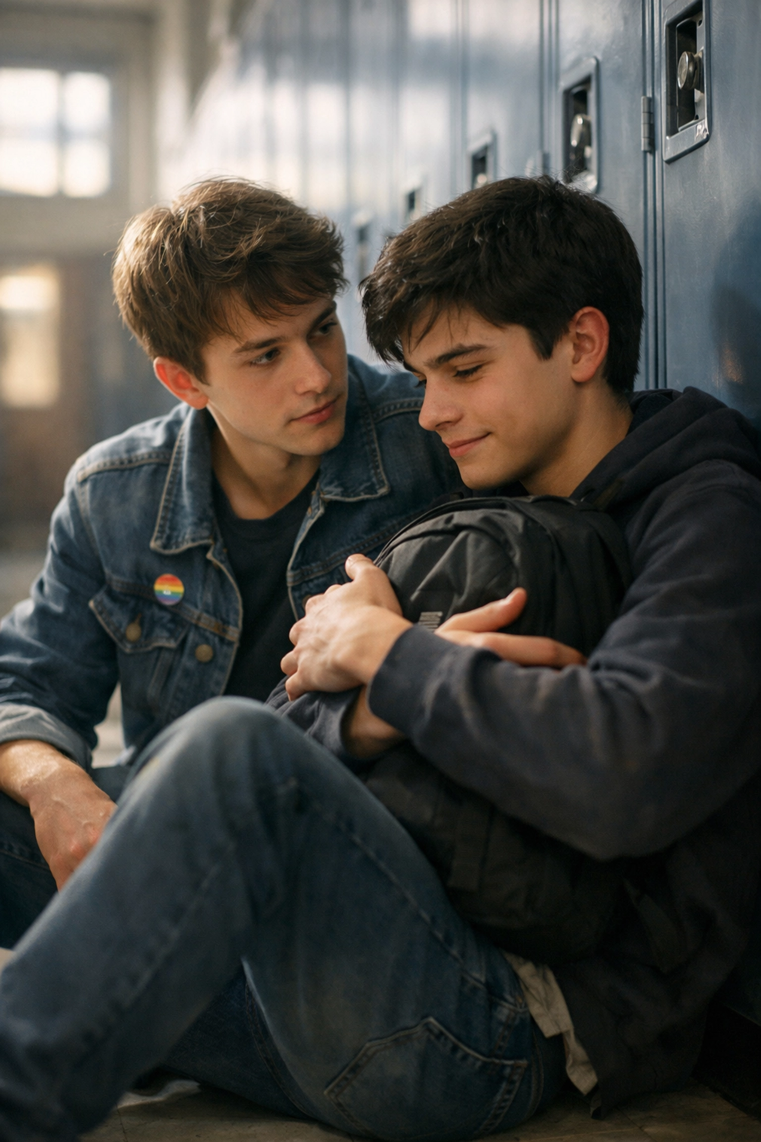 Two teenage boys sitting by high school lockers, sharing a supportive moment about coming out.